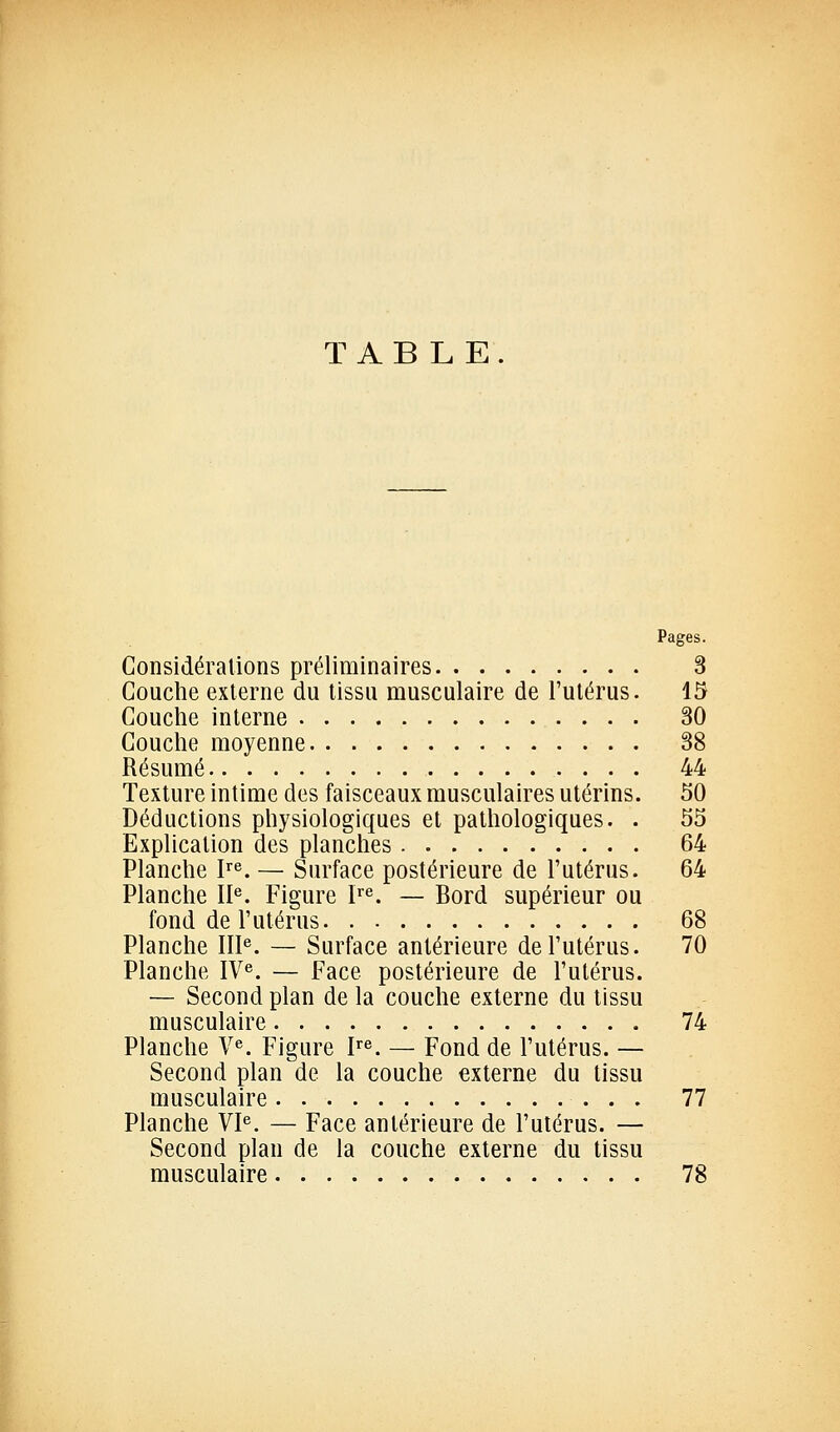 TABLE. Pages. Considérations préliminaires 3 Couche externe du tissu musculaire de l'utérus. 15 Couche interne 30 Couche moyenne 38 Résumé 44 Texture intime des faisceaux musculaires utérins. 50 Déductions physiologiques et pathologiques. . 55 Explication des planches 64 Planche P^. — Surface postérieure de l'utérus. 64 Planche 11^. Figure l''^. — Bord supérieur ou fond de l'utérus 68 Planche III^. — Surface antérieure de l'utérus. 70 Planche IV«. — Face postérieure de l'utérus. — Second plan de la couche externe du tissu musculaire 74 Planche V^. Figure P^ — Fond de l'utérus. — Second plan de la couche externe du tissu musculaire 77 Planche VP. — Face antérieure de l'utérus. — Second plan de la couche externe du tissu musculaire 78