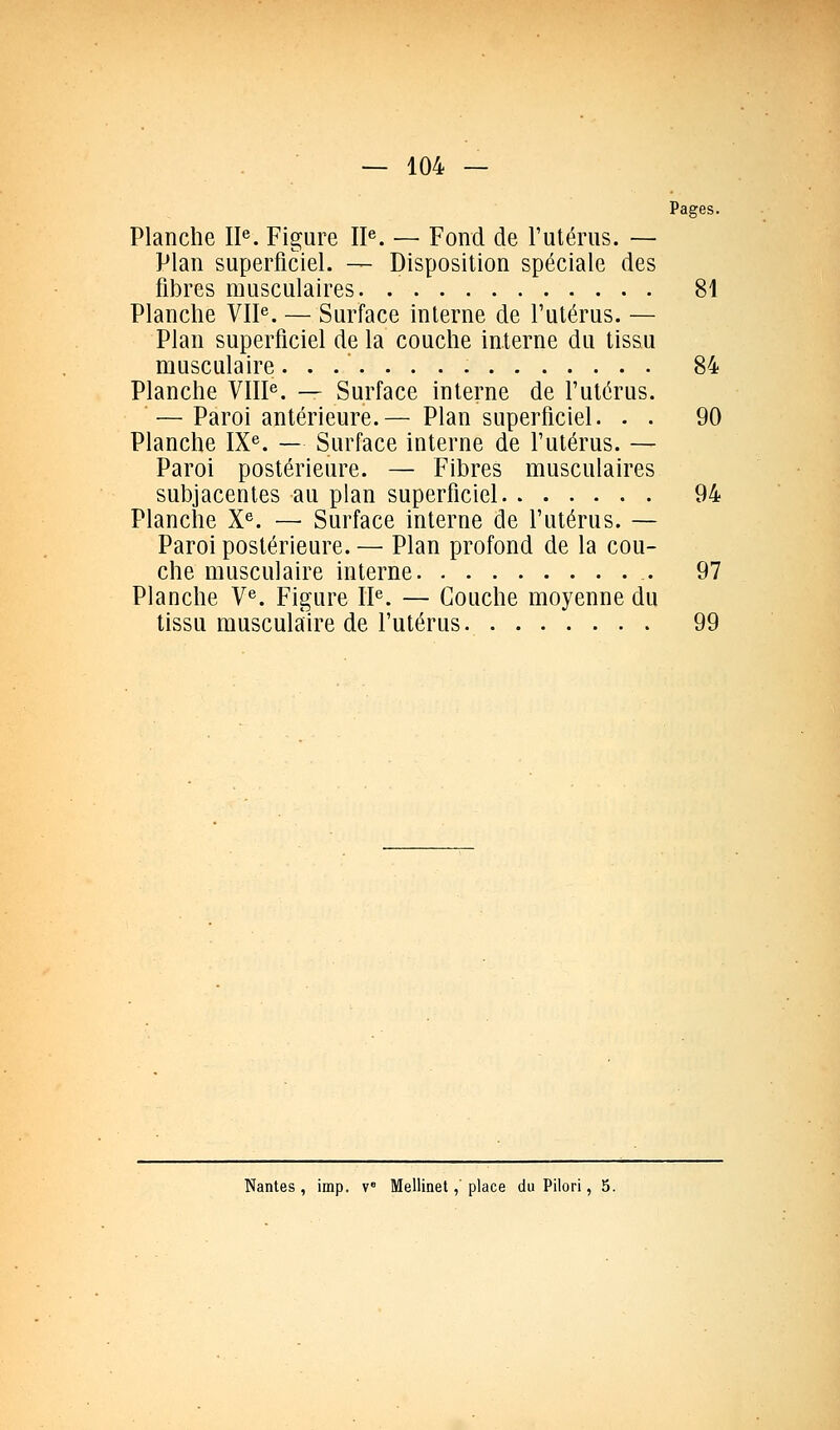 Pages. Planche 11^. Figure II«. — Fond de l'utérus. — Plan superficiel. — Disposition spéciale des fibres musculaires 81 Planche VIP. — Surface interne de l'utérus. — Plan superficiel de la couche interne du tissu musculaire 84 Planche VIII^. — Surface interne de l'utérus. '—Paroi antérieure.— Plan superficiel. . . 90 Planche IX®. — Surface interne de l'utérus. — Paroi postérieure. — Fibres musculaires subjacentes au plan superficiel 94 Planche X^. — Surface interne de l'utérus. — Paroi postérieure. — Plan profond de la cou- che musculaire interne 97 Planche V®. Figure IP. — Couche moyenne du tissu musculaire de l'utérus 99 Nantes , imp. v Mellinet,' place du Pilori, 5.