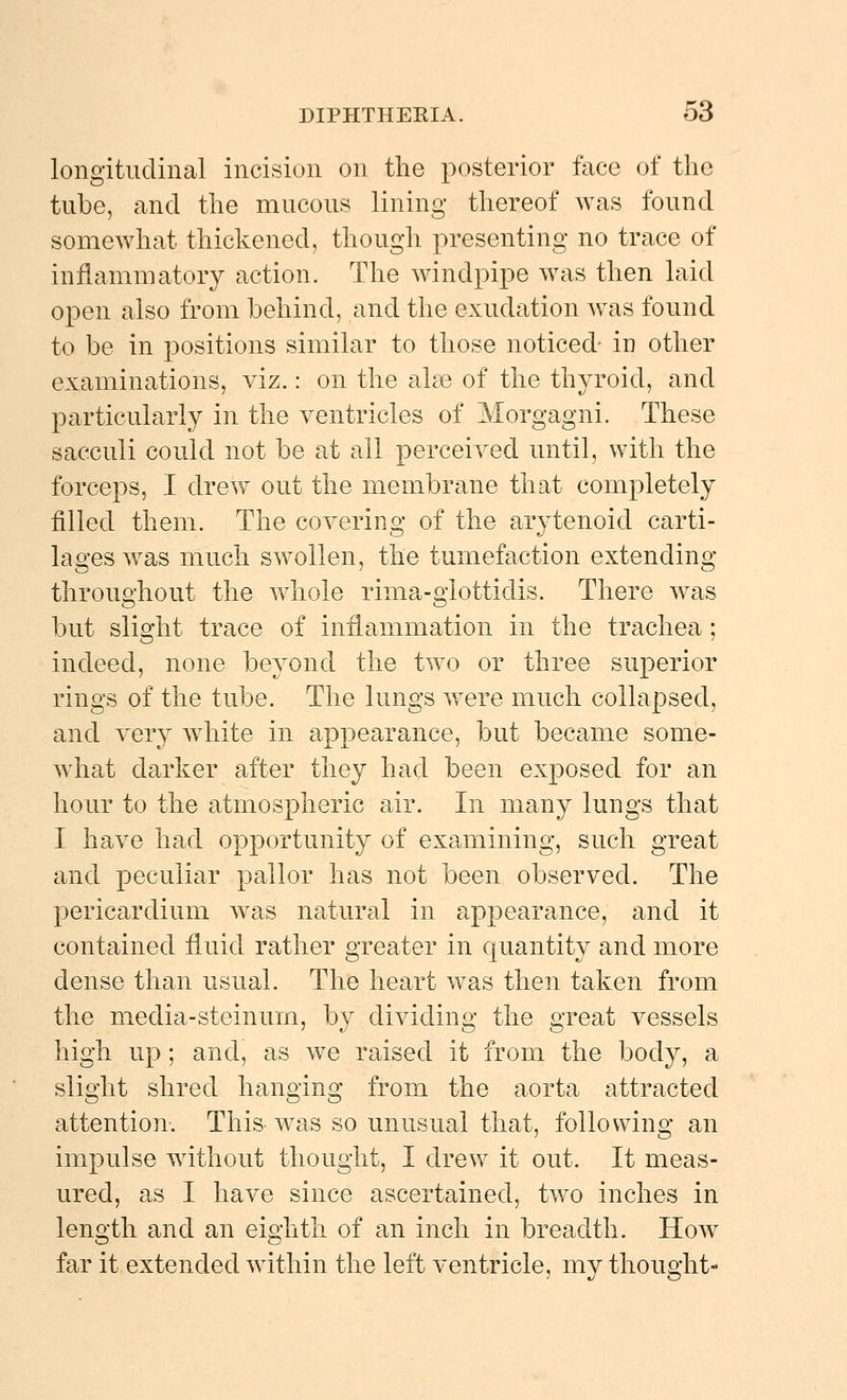 longitudinal incision on the posterior face of the tube, and the mucous lining thereof was found somewhat thickened, though presenting no trace of inflammatory action. The windpipe was then laid open also from behind, and the exudation Avas found to be in positions similar to those noticed- in other examinations, viz.: on the al^e of the thyroid, and pcirticularly in the ventricles of Morgagni. These sacculi could not be at all perceived until, with the forceps, I drew out the membrane that completely filled them. The covering of the arytenoid carti- lages was much swollen, the tumefaction extending throughout the whole rima-giottidis. There was but slight trace of inflammation in the trachea; indeed, none beyond the two or three superior rings of the tube. The lungs w^ere much collapsed, and very wdiite in appearance, but became some- Avhat darker after they had been exposed for an hour to the atmospheric air. In many lungs that I have had opportunity of examining, such great and peculiar pallor has not been observed. The pericardium was natural in appearance, and it contained fluid rather greater in quantity and more dense than usual. The heart was then taken from the media-steinum, by dividing the great vessels high up; and, as we raised it from the body, a slight shred hanging from the aorta attracted attention. This was so unusual that, following an impulse without thought, I drew it out. It meas- ured, as I have since ascertained, two inches in length and an eighth of an inch in breadth. How far it extended within the left ventricle, my thought-