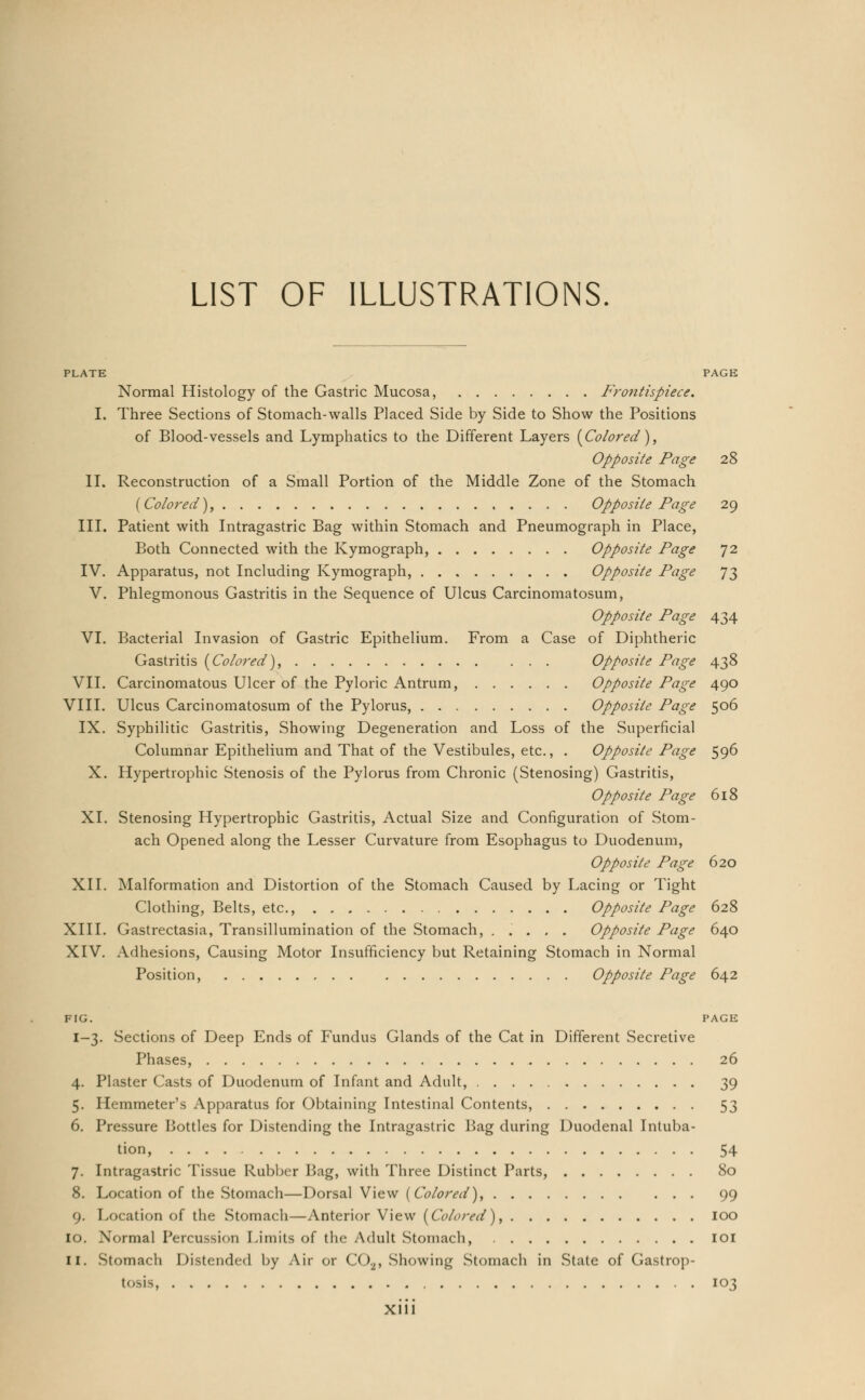 LIST OF ILLUSTRATIONS. PLATE PAGE Normal Histology of the Gastric Mucosa, Frontispiece. I. Three Sections of Stomach-walls Placed Side by Side to Show the Positions of Blood-vessels and Lymphatics to the Different Layers {Colored), Opposite Page 28 II. Reconstruction of a Small Portion of the Middle Zone of the Stomach (Colored), Opposite Page 29 III. Patient with Intragastric Bag within Stomach and Pneumograph in Place, Both Connected with the Kymograph, Opposite Page 72 IV. Apparatus, not Including Kymograph, Opposite Page 73 V. Phlegmonous Gastritis in the Sequence of Ulcus Carcinomatosum, Opposite Page 434 VI. Bacterial Invasion of Gastric Epithelium. From a Case of Diphtheric Gastritis {Colored), Opposite Page 438 VII. Carcinomatous Ulcer of the Pyloric Antrum, Opposite Page 490 VIII. Ulcus Carcinomatosum of the Pylorus, Opposite Page 506 IX. Syphilitic Gastritis, Showing Degeneration and Loss of the Superficial Columnar Epithelium and That of the Vestibules, etc., . Opposite Page 596 X. Hypertrophic Stenosis of the Pylorus from Chronic (Stenosing) Gastritis, Opposite Page 618 XL Stenosing Hypertrophic Gastritis, Actual Size and Configuration of Stom- ach Opened along the Lesser Curvature from Esophagus to Duodenum, Opposite Page 620 XII. Malformation and Distortion of the Stomach Caused by Lacing or Tight Clothing, Belts, etc., Opposite Page 628 XIII. Gastrectasia, Transillumination of the Stomach, ..... Opposite Page 640 XIV. Adhesions, Causing Motor Insufficiency but Retaining Stomach in Normal Position, Opposite Page 642 FIG. PAGE 1-3. Sections of Deep Ends of Fundus Glands of the Cat in Different Secretive Phases, 26 4. Plaster Casts of Duodenum of Infant and Adult, 39 5. Hemmeter's Apparatus for Obtaining Intestinal Contents, 53 6. Pressure Bottles for Distending the Intragastric Bag during Duodenal Intuba- tion, 54 7. Intragastric Tissue Rubber Bag, with Three Distinct Parts, 80 8. Location of the Stomach—Dorsal View {Colored), 99 9. Location of the Stomach—Anterior View {Colored), 100 10. Normal Percussion Limits of the Adult Stomach, IOI 11. Stomach Distended by Air or COa, Showing Stomach in State of Gastrop- tosis, 103