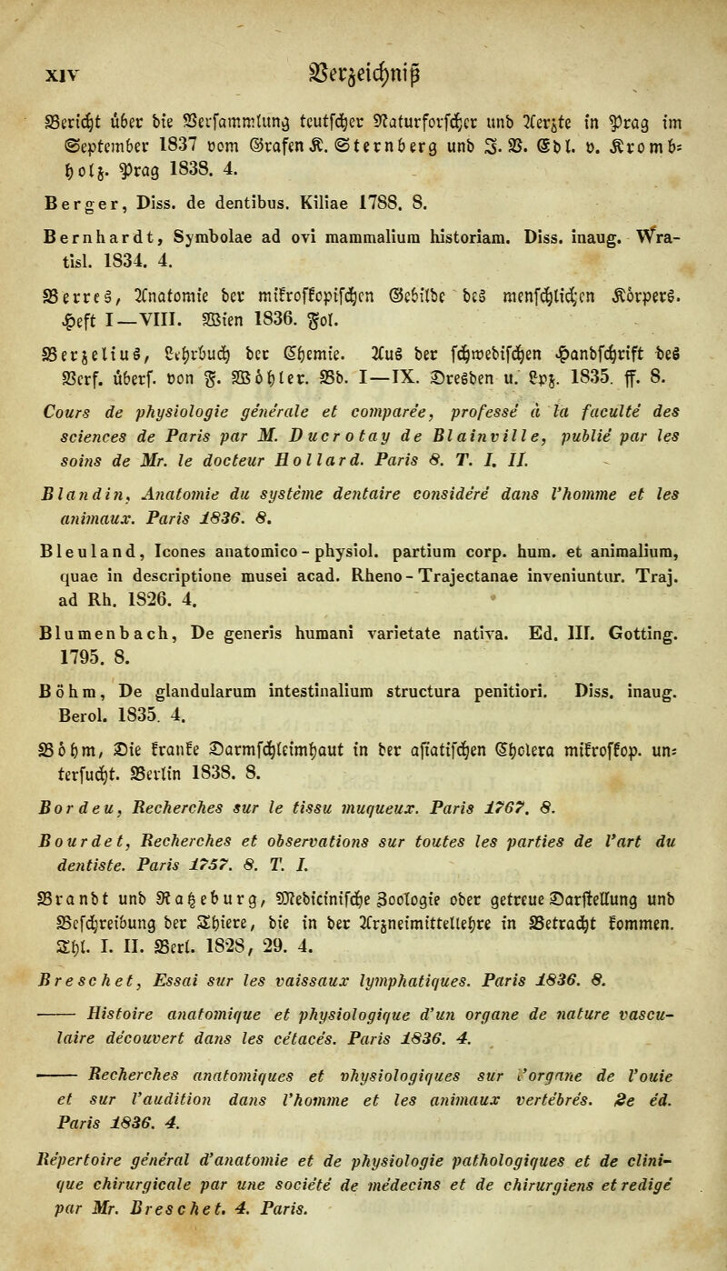 aSeri^t ükt bte SSerfamnUim^ tcutfc^ec 9^aturfovf^cr unb 2UviU in ^rog im (September 1837 üom ©rafenÄ. @tern6erg unb S-SS. (5bl. t). Äromb* {)0t5. ^rag 1838. 4. Berger, Diss. de dentibus. Kil'iae 1788. 8. Bernhardt, Symbolae ad ovi mammalium historiam. Diss. inaug. \Vra- tisl. 1834. 4. S5erre§, Knatomk bev müroffcptfd^cn ©cSflbc bc§ raenf(^l{d;cn Äorperö. ^eft I—VIII. mm 1836. ^ol. S5ecseltu§, Zi^vhuä) bcc ßfjemi'e. 2(u§ ber fd^rt)ebifd)en ^anbfc^nft beS SSerf. überf. t?on §. Söo^tec. SSb. I—IX. Bresben u. epj. 1835. ff. 8. Cours de physlologie generale et compare'e, professe ä la faculte des Sciences de Paris par M. D ucr otay de Blainville, public par les soins de Mr. le docteur Hollard. Paris 8. T. /. //. Bland in, ÄJiatomie du Systeme dentaire considere dans Vhomme et les animaux. Paris 1836. 8. Bleuland, Icones anatomico- physiol. partium corp. hum. et animalium, quae in descriptione musei acad. Rheno - Trajectanae inveniuntur. Traj. ad Rh. 1826. 4. Blumenbach, De generis humani varietate natira. Ed. III. Gotting. 1795. 8. Böhm, De glandularum intestinalium structura penitiori. Diss. inaug. Berol. 1835. 4. SSo^m, Sie franfe ©armf^leim^aut in ber ofiatifc^en (5{)olera mifroffop. uns terfud)t. fßixUn 1838. 8. Bordeu, Recherches sur le tissu muqueux. Paris ±767. 8. Bourdet, Recherches et ohservations sur toutes les parties de l'art du deiitiste. Paris 1767. 8. T. I. SBranbt unb S^a^eburg, ?0?ebtctntfd^e 3ooIogte ober getreue®arfteltung unb SScfc^^refbung ber Z^ku, bie in ber 2CrsnetmttteUe^re in SSetrad^t kommen. Z^l. I. II. aSert. 1828, 29. 4. Breschet, Essai sur les vaissaux lymphatiques. Paris 1836. 8. Histoire anafomique et physiologique d'un Organe de nature vascu- laire decouvert da7is les ce'tace's. Paris 1836. 4. —— Recherches anatomiques et vhysiologiques sur i'orgnne de Vouie et sur Vaudition dans Vhomme et les animaux verte'bres. iSe ed. Paris 1836. 4. Repertoire general d'anatomie et de physiologie pathologiques et de clini- que chirurgicale par une societe de medecins et de chirurgiens et redige par Mr. Breschet. 4. Paris.