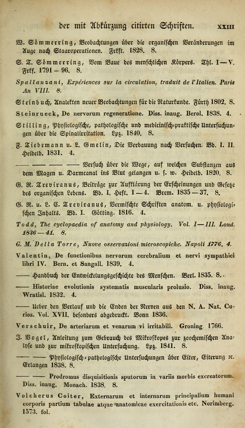 Sß. ©ommerring, SSeobad^tungen ü6er bfe organffti^cn SSerdnberungen im JCuQC na6) ©taaroperationen. gcfft. 1828. 8. ©. sr. ©ommerrtng, S5om SSaue bsö mcnfd^ttd^en Äorpcrö. S()l. I—V. ^tif. 1791 - 96. 8. Spallajizani, Experiences sur la circulation, traduit de VItalien. Paris An VIII. 8. ©tetn&ud^, 2Cnale6ten neuer SSeobac^tungen für He S^aturfunte. güct^ 1802. 8. Steinrueck, De nervorum regeneratione. Diss. inaug. Berol. 1838. 4. ©tiUtng, ^^i^ftologtfd^e, pat^ologifd^e unb mebtcinifd^spraftifd^eUnterfucä^uns gen über bie ©ptnaltrntatton. 8pj. 1840. 8. §. Siebemann u. S. ©meltn, ©te SSerbauung m^ S5erfu^en. S8b. I. II. ^eibelb. 1831. 4. SSerfud^ Ü6er bte SQSege, auf wjeld^en ©ubltanjen aus bem SO^agen u. 2)armcanal tn§ S5lut gelangen u. f. to. »f)eibelb. 1820. 8. ®. S«. Sreütranug, ^Beitrage gur 2Cufftdrung bec ©rfc^etnungen unb ®efe^e beö organifd^en Sebeng. S5b. L Mt. 1—4. SSrem. 1835 —37. 8. ®. 9J. u. ß. (5. Sreütranuö, SSermifd^te ©d^rfften anatom. u. p]^t)ftologfs fd^en Sn^aUg. SSb. I. ©otting. 1816. 4. Toddy The cyclopaedia of anatomy and physiology. Vol. I—///. Lotid. 1836 — 41. 6. G. M. Bella Torre, Nuove osservazioni microscopiche. Napoli 1776. 4. Valentin, De functionibus nervorum cerebralium et nervi sympathici libri IV. Bern, et Sangall. 1839. 4. \g>anbbud^ ber enttt?tc!elung§gefdbid^te be§ SKenfd^en. SSerl. 1835. 8.. Historiae evolutionis systematis muscularis prolusio. Diss. inaug. Wratisl. 1832. 4. lieber \izn SSerlauf unb W ©nben ber ^txxaxi au§ bin N. A. Nat. Cu- rios. Vol. XVII. befonberö abgebrucft. SSonn 1836. Verschuir, De arteriarum et venarum vi irritabili. Groning. 1766. S- SS0gel, 2Cnlettung jum ©ebraud^ beö ?OiifroffopeS jur j^ood^emifd^en 2Cna^ l^fe unb jur mtfroffopifd^en Unterfud^ung. Sps- 1841. 8. — ?)^^fiologtf4)!pat^ologtfd^e Unterfud^ungen über (Siter, ©tterung 2c. erlangen 1838. 8. — Prodromus disquisitionis sputorum in variis morbis excreatorum. Diss. inaug. Monach. 1838. 8. Volcherus Coiter, Externarum et internarum principalium humani corporis partium tabulae atque ^natomicae exercitationis etc. Norimberg. 1573. fol.