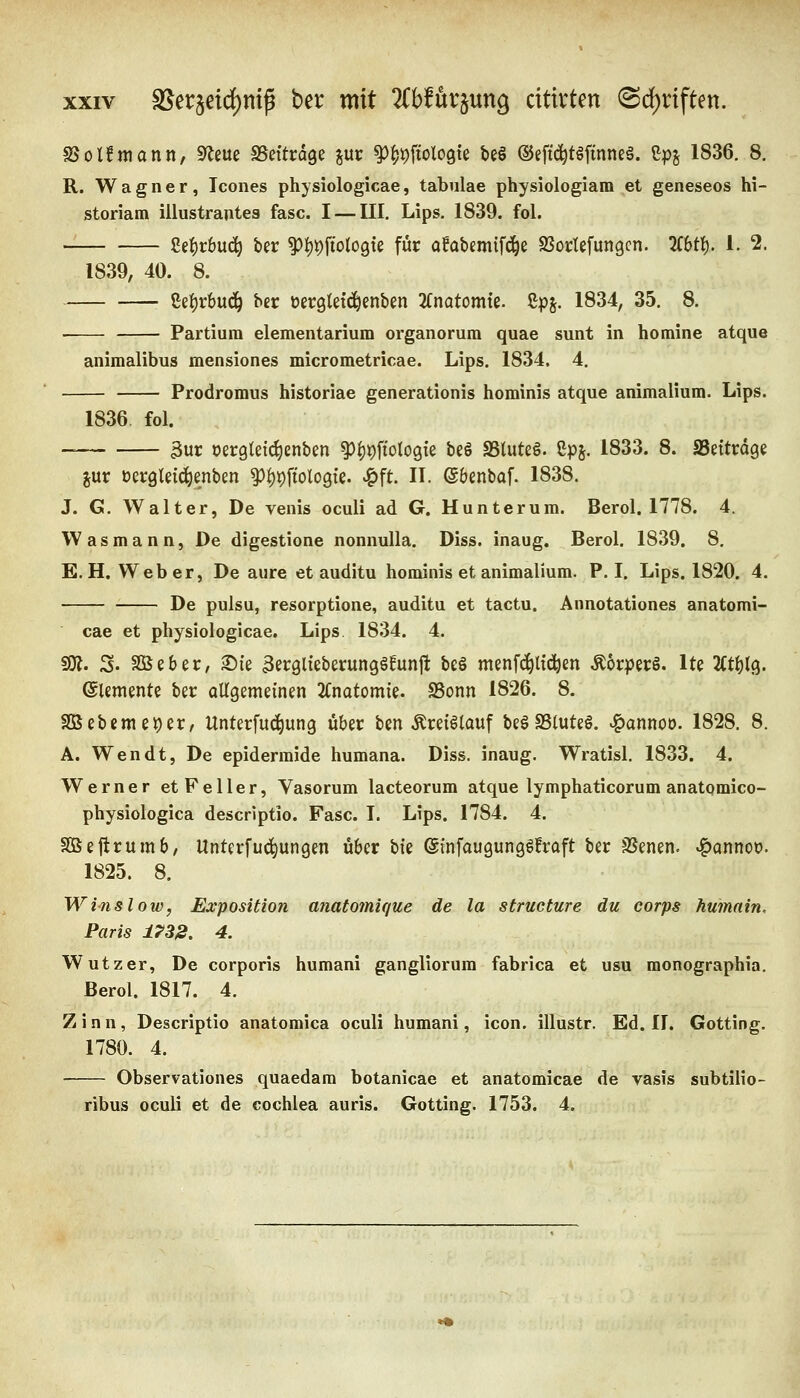 SUolfmann, S^leue SSettrdge jur ^^t)ftolo9te be§ ©efti^töfinneä. ßpj 1836. 8, R. Wagner, Icones physiologicae, tabnlae physiologiam et geneseos hi- storiam illustrautes fasc. I — III. Lips. 1839. fol. £e^rbu(^ ber ?)t)t)fiol09te für ofabemifd^e SSorlefungcn. üht^. 1. 2. 1839, 40. 8. Sel)r6u(^ ber üergtetc^enben 2fnQtomfß. Spj. 1834, 35. 8. Partium elementarium organorum quae sunt in homine atque aniraalibus mensiones micrometrioae. Lips. 1834, 4. Prodromus historiae generationis hominis atque animalium. Lips. 1836 fol. 3ur oergleic^enben ^f)t)ftot09te beö SStuteö. Spj. 1833. 8. SßütväQH jur üergleic^enben ^I)pfiolo9fe. >?)ft. II. ©benbaf. 1838. J. G. Walter, De venis oculi ad G. Hunterum. Berol. 1778. 4. W a s m a n n, De digestione nonnulla. Diss. inaug, Berol. 1839. 8. E.H.Weber, De aure et auditu hominis et animalium. P. I. Lips. 1820. 4. De pulsu, resorptione, auditu et tactu. Annotationes anatomi- cae et physiologicae. Lips 1834. 4. sJK. S. SOeber, ^ie 3er9lteberunggfun|l beö menfi^ltc^en Ä6r))er6. Ite 2(ti)l(j. Elemente ber aUgemeinen 2Cnotomie. SSonn 1826. 8. 3ßebemet)er, Unterfuc^ung über bcn Äretölauf beöSStuteS. .^annoo. 1828, 8. A. Wen dt, De epidermide humana. Diss. inaug. Wratisl. 1833. 4. Werner et Feller, Vasorum lacteorum atque lymphaticorum anatomico- physiologica descriptio. Fasc. I. Lips. 1784. 4. SBeftrumb, UnterfÜbungen über tk ©infaugungöBraft ber Svenen, »^annoo. 1825. 8. WIns low, Exposition anatomique de la structure du corps humain, Paris 173^, 4. Wutzer, De corporis humani gangliorum fabrica et usu monographia. Berol. 1817. 4. Zinn, Descriptio anatomica oculi humani, icon. illustr. Ed. II. Gotting. 1780. 4. Observationes quaedara botanicae et anatomicae de vasis subtilio- ribus oculi et de Cochlea auris. Gotting. 1753. 4.