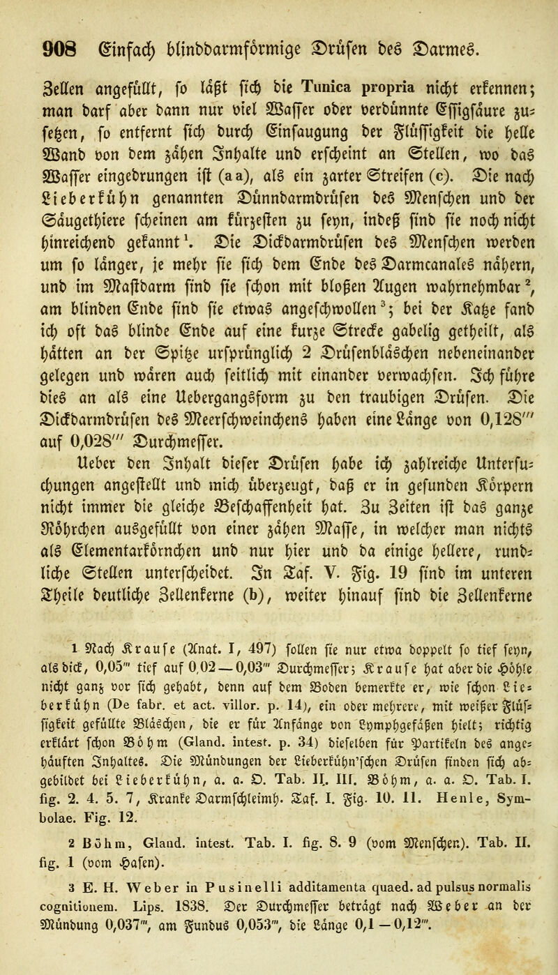 Seilen angefüllt, fo lagt ffc^ bie Tunica propria nid^t erfennen; man barf aber bann nur t?tel SÖBaffer ober üerbünnte ^jfigfaure ju^ fe^cn, fo entfernt ftd) burcf) ©nfaugung ber glüffigfeit bte l)elle Sßanb t)on bem jd^en Sn^alte unb erfc|)eint an ©teilen, wo t^a^ S33affer eingebrungen ift (a a), al6 ein jarter ©treifen (c). ^ie nad^ £ieberfü^n genannten ^unnbarmbrufen beö 9}?enfcf?en unb ber <2au9etl)iere fcfeeinen am furjej!en ju fet)n, inbeg fmb fte nod)nic^t |)mreic^enb gefannt^ ^ie ^icfbarmbrüfen be§ Wlcn\(i)m werben um fo langer, je mel)r fte \i6) bem (5nbe be^ ;©armcanale6 ndl^ern, unb im 9)?ajlbarm ftnb fte fdjon mit blogen 2(u9en wa|)rne^mbar ^, am blinben (5nbe ftnb fte tttt)a$ an9efcl)tt>ollen^; bei ber Äa^e fanb td) oft t)a^ blinbe ©nbe auf eine furje ©trecfe gabelig getl)ei(t, aI6 l)atUn an ber ©pi^e urfprunglid() 2 £)rüfenbld^(^en nebeneinanber gelegen unb tx)dren audb feitlid^ mit einanber t)ertt)acl)fen. Sd? füljre bieS an al6 eine Uebergang6form ju ben traubigen Prüfen. X)k ^icfbarmbrüfen be§ 9J?eerfdj)tx)eincl}enS lS)aben eineßdnge t)on 0^128' auf 0,028' 2:)urd()meffer. Ueber ben Snl)alt biefer £)rüfen i)aht iä) 5ablre{cl;e Unterfu= cl)ungen angepellt unb mtd? über5eugt, bag er in gefunben Körpern nicbt immer bie gleicl[)e S5efd[)afen^)eit Ijat. 3u Seiten ij! ^aB gan^e fKb\)xd)ir\ aufgefüllt üon einer 5dl)en !)J?affe, in n)eld[)er man nic()t6 ai$ ßlementarfornc^en unb nur l)ier unb ba einige l)ellere, runb^ \l(i)t ©teilen unterfcfjeibet. Sn Slaf. V. gig. 19 ftnb im unteren Sil^eile beutlid[)e Seüenferne (b), n?eiter l;inauf ftnb bie Sellenferne 1 9Zqc^ ä raufe (2Cnat. I, 497) foüen fte nur nrva boppdt fo tief U\)ü, alSbfcE, 0,05' tief auf 0,02 — 0,03' ^urc^mejTcrj Äraufe ^at aber bie ^o^Ie nic^t ganj öor fid^ Q^^Qht, benn auf bem SSoben bemerkte er, wie fc|)on Cie* berfü{}n (De fahr, et act. villor. p. 14j, ein ober mef;reri', mit n^eiper glüfs ffg!eit gefüllte SSldöd^en, bie er für 2Cnfdn9e üon eompl)gefdfen l){elt; xiäjti^ erfldrt fd^on 956l)m (Gland. intest, p. 34) biefelben für ^artifdn beö ange* l)duften Snt)alteg. ^ie 50lünbungen ber ßieberWljn'fc^en ©rufen finben fic^ ab- gebilbet b^i Sieberfü^n, a. a. D. Tab. II. II[. S56t)m, a. a. D. Tab. I. flg. 2. 4. 5. 7, Äranfe 2)armf(^le{ml). Saf. I. gig. 10. 11. Henle, Sym- bolae. Fig. 12. 2 Böhm, Glaiid. intest. Tab. I. fig. 8. 9 (oom SOlenfd^en). Tab. II. fig. 1 (üom ^afen). 3 E. H. Weber in Pusinelli additamenta quaed. ad pulsus normalis cognitiouem. Lips. 1838. 2)er 2)ur(|meffer betrdgt nac^ Sßeber an ber SKünbung 0,037', am gunbug 0,053', bie ßdnge 0,1-0,12'.