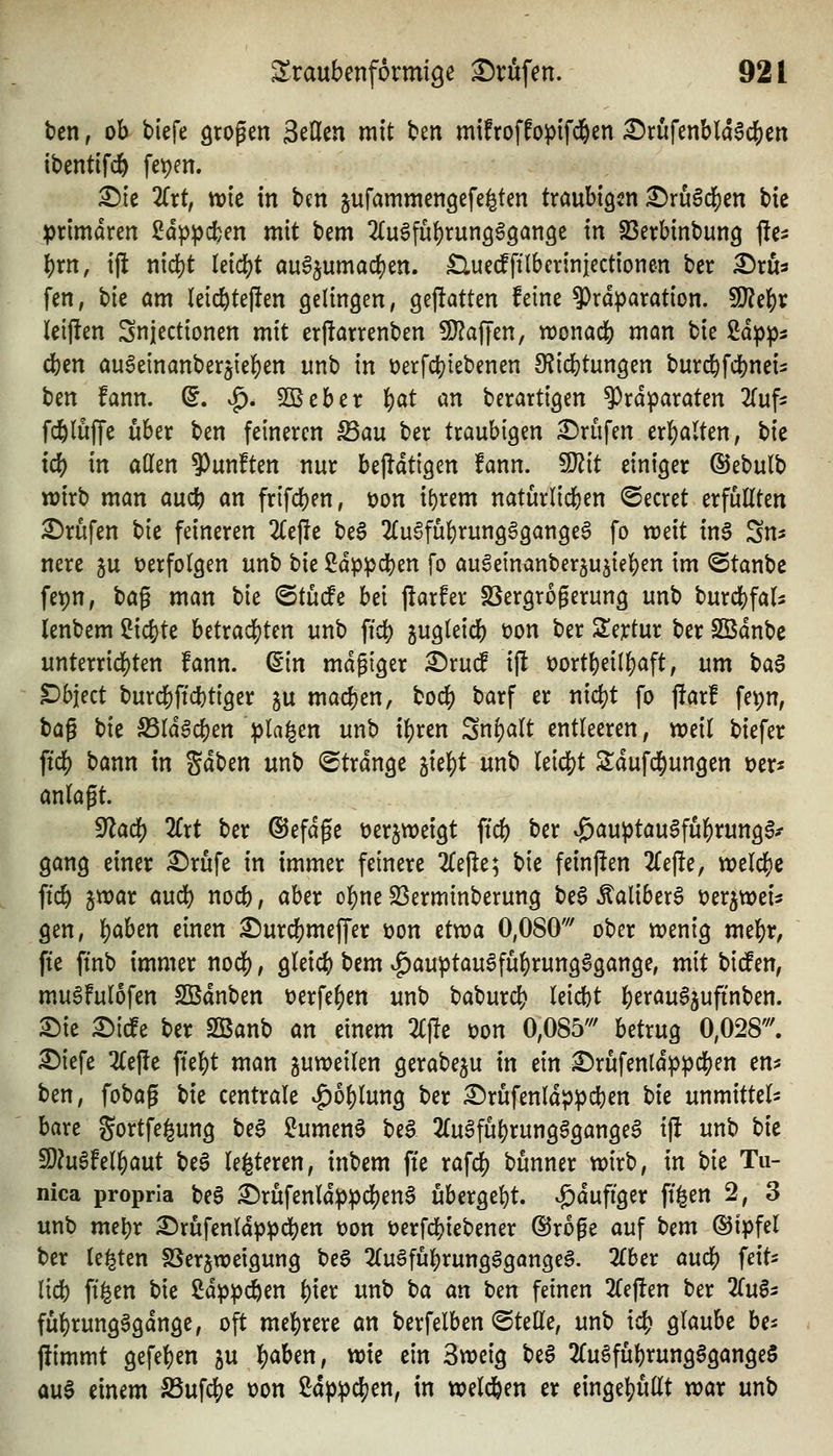 tcn, oh tiefe Qtogen Seflen mit ben miftoffopifd^en £)rüfenbld0d[)en ibentifdö fepen. 2)k TCxt, njie in bcn jufammengefe^ten traubtgcn £)ru§d()en bie primären Sdp^cfeen mit tem 2ru§fu{)run969an3e in SSerbinbun^ ^ti l)xn, {\t nid)t letcbt au^jumadjen. Clue^'lbcrinjectionen ber 3)ru3 fen, t)k am (eicfetefien gelingen, geflatten feine ^rdparation. Wlc^x leiffen Snjectionen mit erftarrenben 9}?affen, wonacb man bie Uppi eben augeinanbergieben nnb in üerfcbiebenen 9?icbtungen burcbfcbnei^ t^m fann. S. .g). 2ßeber i)at an berartigen ?)rd]paraten 2(ufi fcblujTe über ben feineren IQan ber traubigen £)rüfen erhalten, \^k id) in aßen fünften nur bej^dtigen fann. Wlit einiger ©ebulb wirb man aucb an frifcben, üon il)rem naturlicben ©ecret erfüllten ©rufen t)k feineren 2lejle be6 2lu6fubrungögange6 fo xvdt in§ Sn^s nere ju »erfolgen unb t>u Sdppcben fo au^etnanber^ujieben im ©tanbc fepn, t^a^ man bie ©tucfe hd jlarfer SSergrogerung unb burcbfal^ lenbem Siebte betrachten unb ficb gugleid) üon ber SIertur ber Sßdnbc unterrichten fann. (Ein mäßiger ©rud i(l t>ortbeilbaft, um \>a^ Dbject burcbftcbtiger ju macben, bocb barf er nicbt fo f!arf fei;n, t>a^ t>k S5ld6cben ipla^en unb ibren Sn^alt entleeren, weil biefer ficb bann in Sdben unb Strange jiebt unb leicbt Sdufcbungen »er* anlagt. fflad) Kit ber ©efdge üerjweigt ftcb ber ^auptau^fubrung^;? gang einer ©rufe in immer feinere 2le|le; bie fein|!en 2lej!e, welcbc ftcb 5war oucb nocb, aber obne SSerminberung be6 ^aliberS t)erjtt>ei5 gen, b^ben einen ©urcbmeffer üon ttxoa 0,080' ober wenig mebr, fie ftnb immer nocb, gleicb t)tm ^auptau6fübrung§gange, mit bicfen, mu6fulofen SBdnben üerfeben unb baburcb leicbt berau^jufinben. ©ie ©icfe ber SQBanb an einem 2()le üon 0,085''' betrug 0,028'. ©iefe tiefte ftebt man zuweilen gerabeju in ein ©rufenldppcben en^ ben, fobag bie centrale |)oblung ber ©rüfenldppcben bie unmittel- bare gortfegung be§ ?umenS be§ 2lu^fubrung0gangeS ift unb hk 9)?u6felbaut be^ le^teren, inbem fte rafcb bunner wirb, in t)k Tu- nica propria be§ ©rüfenld^^cben^ übergebt, ^duftger ft^en 2, 3 unb mel^r ©rufenldppd)en t)on i)erfcbiebener ©roge auf bem Gipfel ber testen SSerjweigung beS 2luafubrung6gange§. 2lber aucb feit- lieb ft^en bie ßdppcben bier unb ^a an ben feinen 2lef!en ber Zu^i fübrungggdnge, oft mebrere an berfelben ©teile, unb icb glaube be^ pimmt gefeben ju b<^ben, wie ein 3weig beS 2lu§fubrung§gangeS au0 einem SSufcbe oon 2;dp:pcben, in welcben er eingebüllt war m^