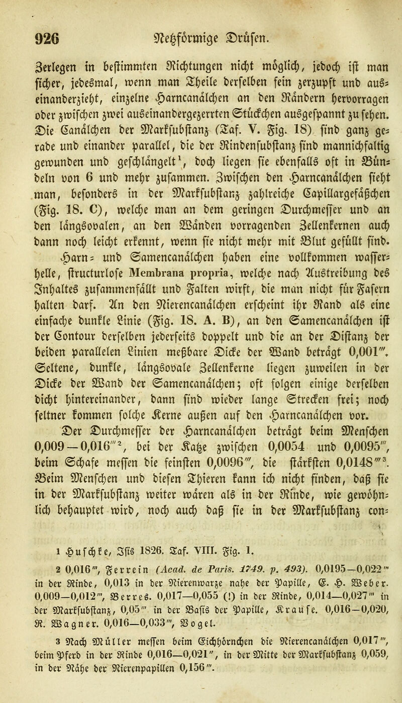 S^rlegen in ht\timmUn S^ic^jtungen nid)t möglich, iebod) ift man fic()cr, iebelmal, trenn man Zi)nk berfelben fem jerju^ft unb aug> einant)er5te()t, einzelne ^arncandld^en an ben Sf^dnbern ()erüorra9en ober 5tt)ifd)en jwei au^einanbergejerrten ©tucf d)en auggefpannt 5U fe()en. ^ie eandlci)en ber 9}?arffub(Ianj (2;af. V. gig. 18) ftnb ganj ge^ rabe unb einanber parallel, bie ber Slinbenfubjlanjffnb mannid[)falttg gewunben unb gefdS)ldngelt \ bod? liegen fte ebenfalls oft in S5un- beln t)on 6 unb me^r jufammen. 3«)ifd)en ben .g)arncandlc{)en ftel)t man, befonber^ in ber S}?arFfubpanj 5al)lrcicl)e ^apillargefdgdjen (gig. 18. C), m\d}t man an bem geringen :©urcl)mef|er unb m ben Idnggoöalen, m ben Sßdnben t>orragenben Sellenfernen aud^ bann nodj) leid[)t erfennt, wenn fte nid[)t mef)r mit S3lut gefüllt ftnb. ^arn= unb ©amencandlcljen l;aben eine Dollfommen waffer^ t)elle, (Iructurlofe Membrana propria, weld^^e nad^ 2lu6treibung be§ Snf)alteg jufammenfdllt unb galten trirft, bie man nidjt furgafern l)alten barf. 2ln t)m 9^ierencandld)en erfd^eint \i)x BUnb al6 eine einfad(}e bunfle 2inie (gig. 18. A. B), <xn ben ©amencandld[)en ijl ber (5ontour berfelben jeberfeita boppelt unb bie an ber ^i|!anj ber beiben parallelen Linien megbare X)idc ber 5Banb betragt 0,00r\ Seltene, bunfle, Idng^oöale Sellenferne liegen gutpeilen in ber Sidfe ber 2Banb ber 'Samencandlc{)en; oft folgen einige berfelben bid[)t l)intercinanber, bann ftnb wieber lange ©trecfen frei; nod? feltner fommen foldje ilerne äugen auf ben ^arncandldjjen t)or. ^er ^urd^meffer ber vg)arncandldS}en betrdgt beim 9}?enfcben 0,009-0,016'% bei ber Äa^e jtpifcben 0,0054 unb 0,0095', beim e*afe meffen bie feinjlen 0,0096'^; hk fldrfjien 0,0148'''l ä5eim Tlm\(i)tn unb biefen 2;^ieren fann idb nid[)t ftnben, H^ fte in ber 9}?arffubjlanj toeiter tt?dren aU in ter 9?inbe, tvie gen)ol)n= lieb bel^auptet tvirb, nod[) audi) t)a^ fte in ber SÄarffubjlanj con= 1 ^uf^fc, 3ff§ 1826. Saf. YIII. ^19. 1. 2 0,016V ^errefn (Äcad. de Paris. 1749. p. 493). 0,0195-0,022' in ber S^inbe, 0,013 in ber g^terenmar^e m^z ber ^apiUe, @. ^. SBeber- 0,009-0,012', SSerreg. 0,017—0,055 (!) in ber Siinbe, 0,014—0,027' in ber sOJarffubflan^, 0,05' in ber 93aft6 ber ^a^x^iz, Traufe. 0,016-0,020, SÄ. Söagner. 0,016-0,033', Söget. 3 SRa^ SOJütler meffen 6etm @i($t)6rnd^en bte S^i'erencandtd^en 0,017', befm^ferb in ber SHinbe 0,016—0,021, in bcraJJitte ber fOiar^fubflanj 0,059, in ber 5^df)e ber S^ierenpaptUen 0,156'.