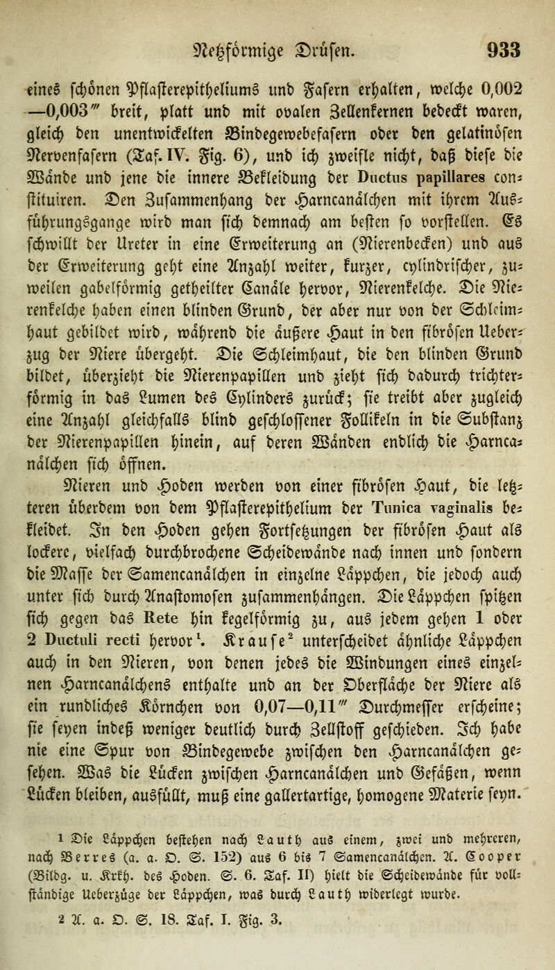 eineä fdjonen ^flajlere^it()enum6 unb Jafern er|)alten, tt)etd)c 0,002 —0,003' breit, platt mb mit oüalen SeUenfernen Ubidt waren, gletcl) ben unentwicfelten SSinbegewebefafern ober ben gelatinofen S^leröenfafern (Slaf. IV. gig. 6), unb id() jweifle tiicl()t, bag btefe bte SBdnbe unb jene bte innere Sefleibung ber Ductus papilläres cön- pituiren. ^en Sufammen^ang ber ^arncandlcfjen mit t{)rem Zn^- fuf)run96gan9e tx)irb man ftdf) bemnad[) am bellen fo t)orliellen. @ö fc6n?i(lt ber Ureter in eine (Erweiterung an (S'Zierenbeifen) unb auö ber (Erweiterung gel()t eine lin^a^l weiter, fur^er, cplinbrifd)er, zu- weilen gabelförmig getbeitter (Sandte f^cx^ox, S^ierenfeldje. :^ie S'^ie- renfelcbe baben einen blinben (Srunb, ber aber nur üon ber (Sd)lcimi l)aut gebilbet wirb, wd^renb bie dugere ^mt in ben fibrofen Ueber- jug ber Spiere übergebt, ^ie ©cbleimbaut, bie ben blinben dJrunb bilbet, über^iebt bie S^ieren^aptOfen unb §tebt ftd) baburd) tridbter^ formig in t)a^ ^nmm be^ ^p(inber§ jurüd; ffe treibt aber jugleicf) eine %niai)\ gleicbfaHa blinb gefdjloffener gollifeln in bie @ubj!anj ber Sf^ierenpapiüen ^'mm, auf beren SBdnben enblicb bie ^axnca^ ndlcben ftcb offnen. Spieren unb ^oben werben üon einer ftbrofen vSpaut, hk (en- teren überbem üon Um ?)fla1]tere^itbelium ber Tunica vaginalis be^ fleibet. Sn Un vg)oben geben gortfe^ungen ber ftbrofen ^aut als lodfere, t)ielfa(^ burd)brocbene (Bd)dhmänbc nacb innen unb fonbern bie9}?affe ber ©amencandicben in etnjetne ^dppcben, bie jebocb aucb unter ftcb burcb 2(na|tomofen jufammenbdngen. £)ie $!d^pcben fpi^en ftcb 9^9^n ba6 Rete bin fegelformig gu, au6 jebem geben 1 ober 2 Ductuli recti bert)or^ Ar auf e^ unterfcbeibet dbnlicbe !i^dppcben and) in ttn Spieren, öon benen jebe6 \)k 3Binbungen eineS einjel^ nen v^arncandlcbeng enthalte unb an ber Dberfldcbe ber S^^ierc aU ein runblicbea Äorncben öon 0,07—0,11' Durcbmeffer erfcbeine; ftc fepen inbeg weniger beutlii^ burcb Selljloff gefcbieben. Scb ^cibc nie eine ©pur üon S3inbegewebe gwifcben ben vg)arncand(cben ge- feben. Sßa§ hk ^U(fen jwifcben v^arncandlcben unb @efd§en, wenn ZMm bleiben, auSfüßt, mn^ eine gallertartige, bomogene Tlatmc fe^n. 1 S)ie ßdppd^en 6ejlef)en ncjc^ Sautt) auS einem, jiret unb mehreren, na^ SSgut-gg (q^ (j. r). (g. 152) aus 6 bH 7 ©amencandrd^cn. 2C. (Soopec (SSilbg. u. ^tti). beg >^oben. <B. 6. Saf. II) t)teU bk ©d^eibewdnbe füc ooU- jldnbtge Ueberjüge ber Cdppd^en, xt>a€ i)mä) ßaut^ »iberlegt njurbe. 2 7C. a. D. ©. 18. Saf. I. StÖ- 3.