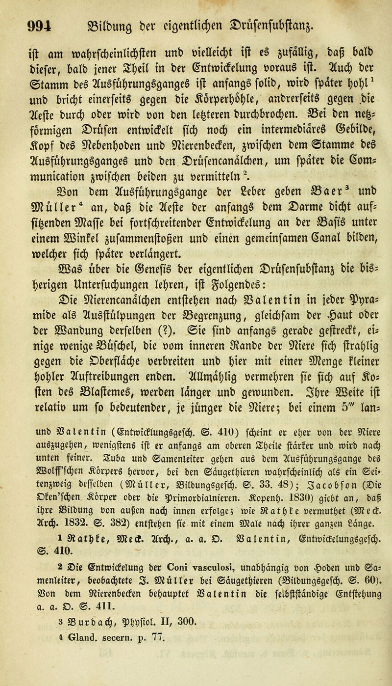 ijl am ttja^rfcbeinli^lfen unb mUd(i)t x^ c§ jufdEiQ, bag balb btefcr, balb jener 2;{)etl tn ber (intmMmQ t)orau§ ip. 2(udS) ber @tamm be^ 2ru§fu^run9§9an3e6 i|! anfangt folib, wirb fipdter ]^o{)P unb bridS^t einerfetta gegen t)te ^or^er|)6l)Ie, anbrerfeitg gegen .bie 3fefte burc{) ober wirb üon ben (enteren burcbbrodjen. IBet ben ne^s formigen Brufen entwidfelt fid) noc() ein intermebiareg ©ebilbe, ^opf beS S^^ebentioben unb Sf^ierenbetfen, jwifcben bem ©tömme beS 2Cugfu()rung§gangeg unb ben 3)rufencandlcben, um fpdter bie Qom^ munication jwifcben beiben gu »ermittelnd 23on Um 2(ugfuf)rungägange ber 2eber geben Sa er* unb 50?üirer* an, bag bie 2refle ber anfangt bem :©arme bic^t auf^ fii^enben 9J?ajfe bei fortfc!)reitenber (5ntwic!e(ung an ber fdaß unter einem SSSin!el gufammenfiogen unb einen gemeinfamcn ßanal bilben, votl^tx ftdj) fpdter tjerldngert. 5iBaa über Uc ©enefi'S ber eigentlid&en i^rufenfubjlanj bie bi^^ I)erigen Unterfudjungen U^xm, ijl golgenbe^: ^ie S^lierencandldjen ent|le()en nacb S3a(enttn in ieber ?)vra- mibe al§ 2(u6ftulpungen ber S5egrenjung, g(eidbfam ber >^avit ober ber Sßanbung berfelben (?). ©ie ftnb anfangt gerabe geftredft, tu nigc wenige S3ufcbel, bie t)om inneren 9?anbe ber 9^iere fid[) j!ra()lig gegen bie C)berfldc|)e tjerbreiten unb feier mit einer 5DZenge fleiner ^ol)Ux 2fuftreibungen enben. 2(ttma!)lig t)erme|)ren fte \iä) auf Äo- jlen bei Sla|!emeg; werben langer unb gewunben. Sfere SÖBeite ijH relatiü um fo bebeutenber, je jünger bie S^^iere; Ul einem 5' lan^ «nb aSaUnttn ((gntwicüuneggef^ @. 410) fd^eint er efjer oon ber Spiere augjuge^en, n?entg1^eng ifl er onfangS am oberen Stjeile tidrfer unb wirb naä;) unten fetner. Zuba unb (Samenletter ge^en au§ bem 2fu§fü^runggöan9e beö SGSotff'fc^en .Korperö ][)erüor, bei ben ©dugett)ieren waijrfc&etnttc^ alä ein ©ei» tenjweig beffelben (sOlüUer, S5{lbung§gef(^. ®. 33. 48); Sacobfon (Sie Dfen'f(i^en Äorper ober bie ^rimorbialnieren. Äopen^. 1830) gtcbt an, ba^ i^re SSitbung Don aupcn nac^ innen erfolge; tt)ie diat^iz üermut^et («OJecf. 2(rc^. 1832. ©. 382) entftel)en fie mit einem 50?ale nad^ il)rer ganjen Sdnge. i Statuti, SÄecf. 2fr^., a. a. D. SJalentin, enttt)i^elung«gef(^. ©. 410, 2 iDie ßntwicfelung ber Coni vasculosi, unabhängig üon »^oben unb (Sa* menleiter, beobachtete S. 50iulter hzi ®dugetj)ieren (SSilbungggefc!^. @. 60). 8Son bem Sf^ierenbecfen Ut)avipUt jßolentin hk fev6jlftdnbige (gntj!el;ung a. a. D. ©. 411. 3 SSurbad^, ^Wot. H, 300.