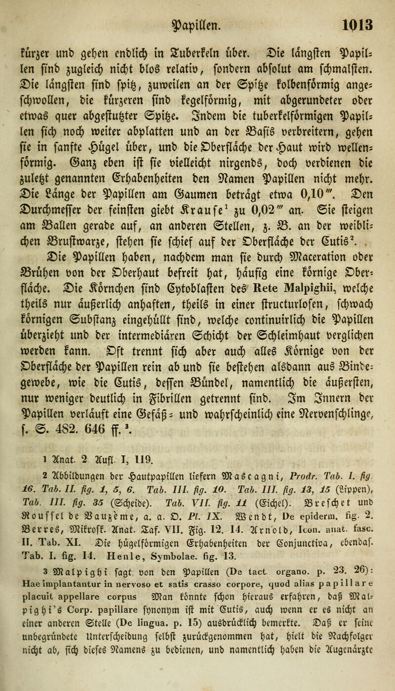 für^cr unb 9ef)en enblid^ in ^überfein über. :Dic Idngflen ^aplU len ffnb ^ugletc^) nid&t blo§ relatiü, fonbern abfolut am fdjmalilen. ^ie IdngjTcn fttib f:pi^, juweikn an ber (Spi^e folbcnformtg ange^ f4)ttJollen, bie furjeren ffnb fegelformig, mit abgcrunbeter ober ctwa^ quer ab^efiu^ter @))ii^e. Snbem tk tuberfelformi^en ^a^lU len ffdS) nod^ weiter öb^Iatten unb an ber S5aft6 Derbreitern, 9e()en fie in fanfte |)ügel über, unb bie Dberfldc&e ber|)aut wirb wellen^ formig. ©anj eben ijl fte melleicbt nirgenbS, bod) t>erbienen bie 5u(e§t genannten ^r^abenf)eiten t)m ^amm ^a^iOlen nid)t mel)r. ^ie ^dnge ber 9)a^tllen am ©aumen Utxä^t etwa 0,10'. X)en Durd^mejfer ber feinjlen Quht Äraufe^ ju 0,02''' an, <Sie fteigen am Stallen gerabe auf, an anberen ©teilen, 5. S5. an ber weibli= ci)cn SSrujiwar^e, fielen fte fd)ief auf ber Dberfldd^e ber ßuti^^ £)ie Papillen l^aben, nacbbem man fie burd) fOJaceratton ober ldxni)m Don ber Dberl)aut befreit f)at, l^dufig eine forntgc ^ber- fldcbe. ^ie Ä6rnd[)en ftnb (5t)toblaj!en bc§ Rete Malpighii, weld^e t^eil^ nur dugerlid) an|)aften, t^eilS in einer firucturlofen, fc^wac^ fornigen ©ubffanj eingel^üllt ftnb, weldS^c continuirlid) bie ?)apillen überjie^t unb ber intermebidren @cbicl[)t ber @d^leiml)aut \)erglic^en werben fann. Dft trennt ft'c^ aber aud) alle6 dornige t>on ber ^berfldd[)e ber ?)apillen rein ah unb fte bejlefeen aBbann au§ S5inbe- ^mehe, wie bie (5uti0, beffen S5ünbel, namentlid) bie duferpen, nur weniger beutlic^ in gibrillen getrennt ftnb. Sm Snnern ber ?)apillen üerlduft eine ^efdg^ unb wa^rf4)einlicl) eine 9leroenfd)linge, f. @. 482. 646 ff. \ 1 -Knat 2 7(n\i. I, 119. 2 KbUlhun^m ber JQautpapiUtn liefern «Olagcagni, Prodr. Tab. I. fig. 16. Tab. IL fig. 1, 5, 6. Tab. III. fig. 10. Tab. III. fig. 13, 15 (eippen), Tab. III. fig. 35 (©d^etbe). Tab. VIL fig. 11 (©ic^el). SSrefc^et unb S^ouffet be aSau^eme, a. o. O. Fl. IX. Sßenbt, De epiderm. fig. 2. SSerreg, miho^t Unat. Saf. VII. ^ig. 12. 14. ^(rnolb, Iton. anat. fasc. II. Tab. XI. ^ie I)Ü9elf6rmt3en @r{)a6en^eiten ber ©onjunctiua, ebenbaf. Tab. I. fig. 14. Henle, Symbolae. fig. 13. 3 SRalptgM fagt üon ben Papillen (De tact. organo. p. 23. 26): Haeimplantantur in iiervoso et satis crasso corpore, quod alias p ap ill ar e placuit appellare corpus fOJan konnte fd^on ijterauä erfahren, ba^ 50?QU pt(5f)i'ö Corp. papilläre [pnon^m ift mit (Suttä, aud^ wenn er eä niä^t an einer anberen ©teile (De lingua. p. 15) auöbrücfli^ bemerfte. Sa^ er feine unbegrünbete Unterfc^eibung felbft jurüc?genommen i>at, Ijielt bie 9Zac|folger nid^t ab, \i6) biefe6 9?amen6 ju bebienen, unb namentlid^ l)aUn tk 2Cugendrstc