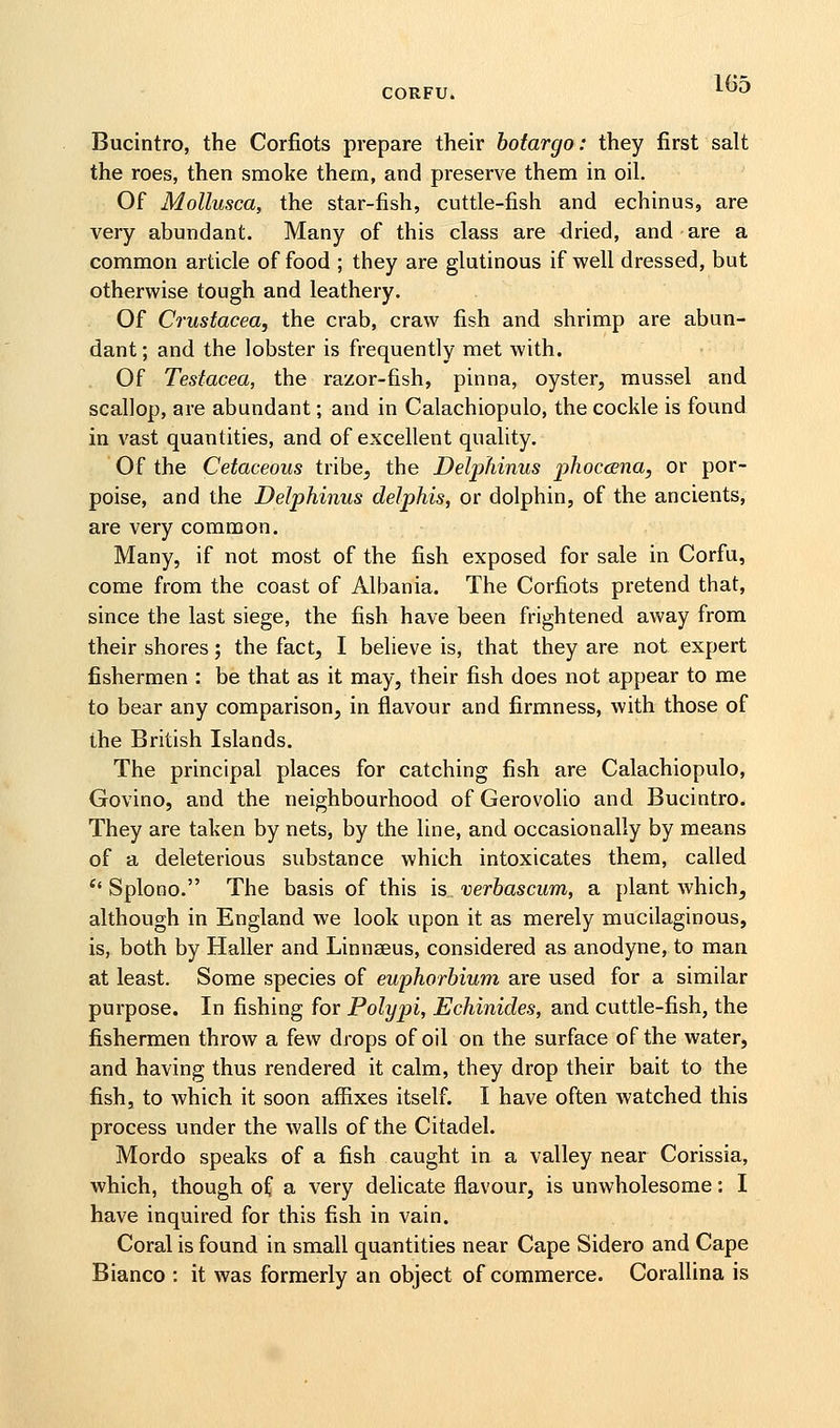 Bucintro, the Corfiots prepare their botargo: they first salt the roes, then smoke them, and preserve them in oil. Of Mollusca, the star-fish, cuttle-fish and echinus, are very abundant. Many of this class are <Jried, and are a common article of food ; they are glutinous if well dressed, but otherwise tough and leathery. Of Crustacea, the crab, craw fish and shrimp are abun- dant ; and the lobster is frequently met with. Of Testacea, the razor-fish, pinna, oyster, mussel and scallop, are abundant; and in Calachiopulo, the cockle is found in vast quantities, and of excellent quality. Of the Cetaceous tnhe, the Delphinus pJioccena, or por- poise, and the Delphinus delphis, or dolphin, of the ancients, are very common. Many, if not most of the fish exposed for sale in Corfu, come from the coast of Albania. The Corfiots pretend that, since the last siege, the fish have been frightened away from their shores; the fact, I believe is, that they are not expert fishermen : be that as it may, their fish does not appear to me to bear any comparison, in flavour and firmness, with those of the British Islands. The principal places for catching fish are Calachiopulo, Govino, and the neighbourhood of Gerovolio and Bucintro. They are taken by nets, by the line, and occasionally by means of a deleterious substance which intoxicates them, called '' Splono. The basis of this is, verbascum, a plant which^ although in England we look upon it as merely mucilaginous, is, both by Haller and Linnaeus, considered as anodyne, to man at least. Some species of euphorbium are used for a similar purpose. In fishing for Polypi, Echinides, and cuttle-fish, the fishermen throw a few drops of oil on the surface of the water, and having thus rendered it calm, they drop their bait to the fish, to which it soon affixes itself. I have often watched this process under the walls of the Citadel. Mordo speaks of a fish caught in a valley near Corissia, which, though of a very delicate flavour, is unwholesome: I have inquired for this fish in vain. Coral is found in small quantities near Cape Sidero and Cape Bianco : it was formerly an object of commerce. Corallina is