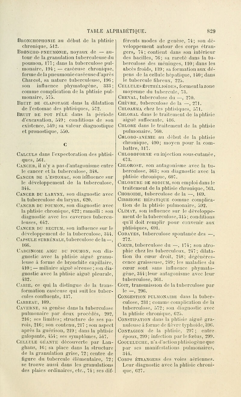 Bronchophonie au début de la phtisie chronique, 512. Broncho-pneumonie, noyaux de — au- tour de la granulation tuberculeuse du poumon, 177; dans la tuberculose pul- ■ monaire, 194 ; — caséeuse chronique, forme de la pneumonie caséeuse d'après Charcot, sa nature tuberculeuse, 19G; son influence phymatogène, 333 ; comme complication de la phtisie pul- monaire, 575. Bruit de clapotage dans la dilatation de l'estomac des phtisiques, 572. Bruit de pot fêlé dans la période d'excavation, 549; conditions de son existence, 549; sa valeur diagnostique et pronostique, 550. Calculs dans l'expectoration des phtisi- ques, 561. Cancer, il n'y a pas d'antagonisme entre le cancer et la tuberculose, 348. Cancer de l'estomac, son influence sur le développement de la tuberculose, 344. Cancer du larynx, son diagnostic avec la tuberculose du larynx, 620. Cancer du poumon, son diagnostic avec la phtisie chronique, 622; ramolli : son diagnostic avec les cavernes tubercu- leuses, 642. Cancer du rectum, son influence sur le développement de la tuberculose, 344. Capsule surrénale,tuberculose delà—, 166. Carcinome aigu du poumon, son dia- gnostic avec la phtisie aiguë granu- leuse à forme de bronchite capillaire, 410 ; — miliaire aiguë séreuse ; son dia- gnostic avec la phtisie aiguë pleurale, 432. Carie, ce qui la distingue de la trans- formation caséeuse qui suit les tuber- cules confluents, 137. Carreau, 109. Caverne, sa genèse dans la tuberculose pulmonaire par deux procédés, 202, 216; ses limites; structure de ses pa- rois, 216; son contenu, 217 ; sou aspect après la guérison, 219 ; dans la phtisie galopante, 454; ses symptômes, 547. Cellule géante découverte par Lan- ghans, 16; sa place dans la structure de la granulation grise, 72; centre de figure du tubercule élémentaire, 72; se trouve aussi dans les granulations des plaies ordinaires, etc., 74; ses dif- férents modes de genèse, 74; sou dé- veloppement autour des corps étran- gers, 74 ; contient dans sou intérieur des bacilles, 76; sa rareté dans la tu- berculose des méninges, 110; dans les abcès froids, 139; sa formation aux dé- pens de la cellule hépatique, 140; dans le tubercule fibreux, 225. Cellules ÉPiTHÉLloïDES, formentlazone moyenne du tubercule, 73. Cheval, tuberculose du —, 270. Chèvre, tuberculose de la —, 271. Chloasma chez les phtisiques, 571. Chloral dans le traitement de la phtisie aiguë suffocante, 410. Chlore dans le traitement de la phtisie pulmonaire, 760. Chloro-anémie au début de la phtisie chronique, 490; moyen pour la com- battre, 317. Chloroforme en injection sous-cutanée, 673. Chlorose, son antagonisme avec la tu- berculose, 363; son diagnostic avec la phtisie chronique, 607. Chlorure de sodium, son emploi dans le traitement de la phtisie chronique, 763. Choroïde, tuberculose de la —, 169. Cirrhose hépatique comme complica- tion de la phtisie pulmonaire, 593. Climat, son influence sur le développe- ment de la tuberculose, 315 ; conditions qu'il doit remplir pour convenir aux phtisiques, 691. Cobayes, tuberculose spontanée des —, 272. Coeur, tuberculose du —, 174; son atro- phie chez les tuberculeux, 247 ;- dilata- tion du cœur droit, 248; dégénéres- cence graisseuse, 249; les maladies du cœur sont sans influence phymato- gène, 344; leur antagonisme avec leur tuberculose, 361. Coït, transmission de la tuberculose par le —, 296. Congestion pulmonaire dans la tuber- culose, 231 ; comme complication de la tuberculose, 572; son diagnostic avec la phtisie chronique, 625. Constipation dans la phtisie aiguë gra- nuleuse à forme de fièvre typhoïde, 396. Contagion de la phtisie, 297 ; entre époux, 299; infection par le fœtus, 299. Cooueluche, n'a d'action phtisiogène que par ses manifestations pulmonaires, 344. Corps étrangers des voies aériennes. Leur diagnostic avec la phtisie chroni- que, 627.