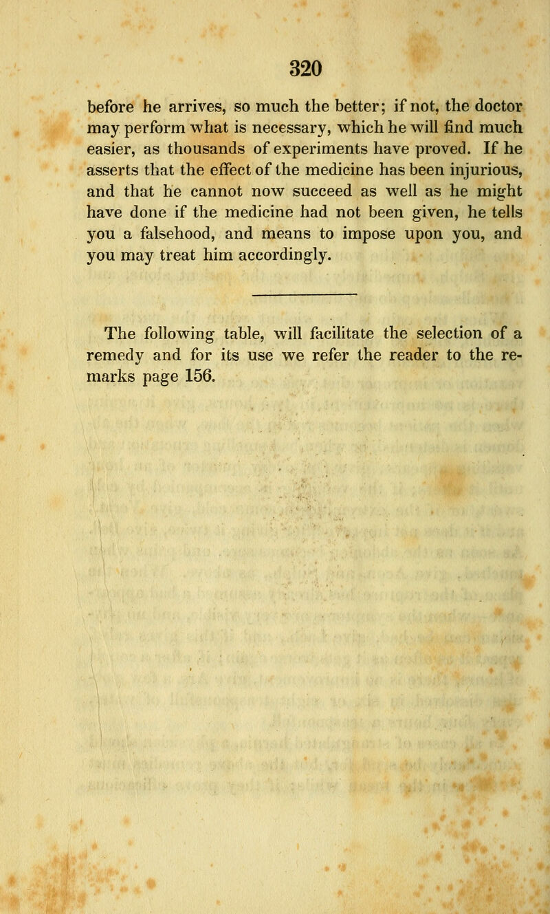 before he arrives, so much the better; if not, the doctor may perform what is necessary, which he will find much easier, as thousands of experiments have proved. If he asserts that the effect of the medicine has been injurious, and that he cannot now succeed as well as he might have done if the medicine had not been given, he tells you a falsehood, and means to impose upon you, and you may treat him accordingly. The following table, will facilitate the selection of a remedy and for its use we refer the reader to the re- marks page 156.