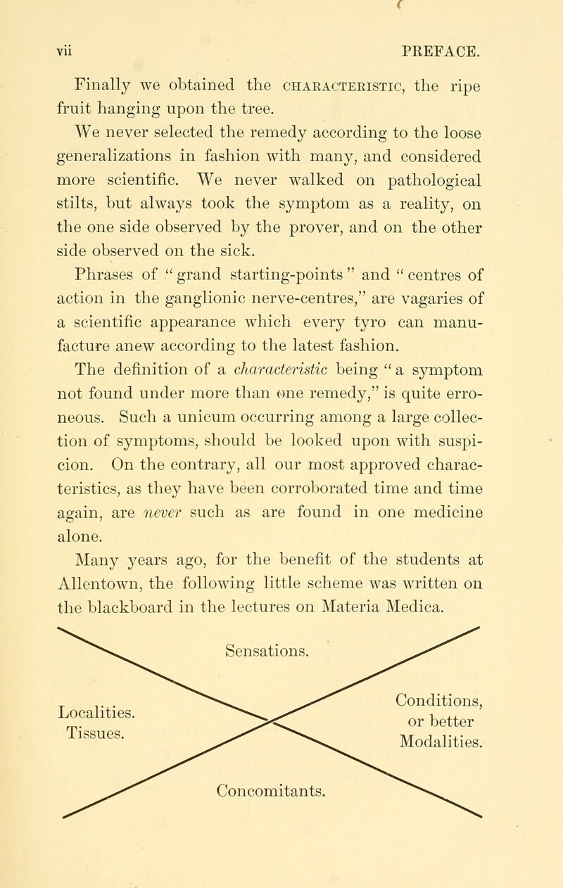 Finally we obtained the characteristic, the ripe fruit hanging upon the tree. We never selected the remedy according to the loose generalizations in fashion with many, and considered more scientific. We never walked on pathological stilts, but always took the symptom as a reality, on the one side observed by the prover, and on the other side observed on the sick. Phrases of '' grand starting-points  and  centres of action in the ganglionic nerve-centres, are vagaries of a scientific appearance which every tyro can manu- facture anew according to the latest fashion. The definition of a characteristic being  a symptom not found under more than one remedy, is quite erro- neous. Such a unicum occurring among a large collec- tion of symptoms, should be looked upon with suspi- cion. On the contrary, all our most approved charac- teristics, as they have been corroborated time and time again, are never such as are found in one medicine alone. Many years ago, for the benefit of the students at Allentown, the following little scheme was written on the blackboard in the lectures on Materia Medica.