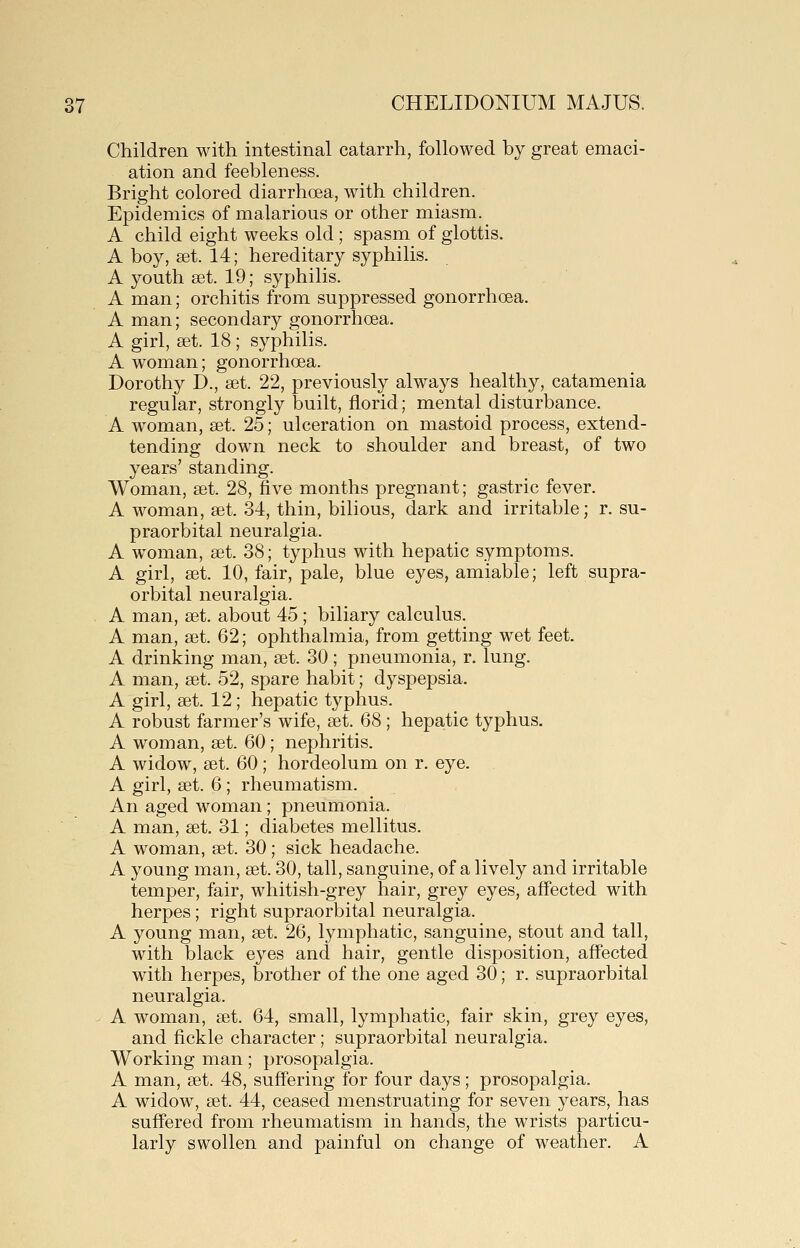 Children with intestinal catarrh, followed by great emaci- ation and feebleness. Bright colored diarrhoea, with children. Epidemics of malarious or other miasm. A child eight weeks old; spasm of glottis. A boy, set. 14; hereditary syphilis. A youth set. 19; syphilis. A man; orchitis from suppressed gonorrhoea. A man; secondary gonorrhoea. A girl, set. 18; syphilis. A woman; gonorrhoea. Dorothy D., set. 22, previously always healthy, catamenia regular, strongly built, florid; mental disturbance. A woman, set. 25; ulceration on mastoid process, extend- tending down neck to shoulder and breast, of two years' standing. Woman, set. 28, five months pregnant; gastric fever. A woman, set. 34, thin, bilious, dark and irritable; r. su- praorbital neuralgia. A woman, set. 38; typhus with hepatic symptoms. A girl, set. 10, fair, pale, blue eyes, amiable; left supra- orbital neuralgia. A man, set. about 45 ; biliary calculus. A man, set. 62; ophthalmia, from getting wet feet. A drinking man, set. 30; pneumonia, r. lung. A man, set. 52, spare habit; dyspepsia. A girl, set. 12; hepatic typhus. A robust farmer's wife, set. 68; hepatic typhus. A woman, set. 60; nephritis. A widow, set. 60; hordeolum on r. eye. A girl, set. 6 ; rheumatism. An aged woman; pneumonia. A man, set. 31; diabetes mellitus. A woman, set. 30; sick headache. A young man, set. 30, tall, sanguine, of a lively and irritable temper, fair, whitish-grey hair, grey eyes, affected with herpes; right supraorbital neuralgia. A young man, set. 26, lymphatic, sanguine, stout and tall, with black eyes and hair, gentle disposition, aff'ected with herpes, brother of the one aged 30; r. supraorbital neuralgia. - A woman, set. 64, small, lymphatic, fair skin, grey eyes, and fickle character; supraorbital neuralgia. Working man; prosopalgia. A man, set. 48, suffering for four days; prosopalgia. A widow, set. 44, ceased menstruating for seven years, has suffered from rheumatism in hands, the wrists particu- larly swollen and painful on change of weather. A