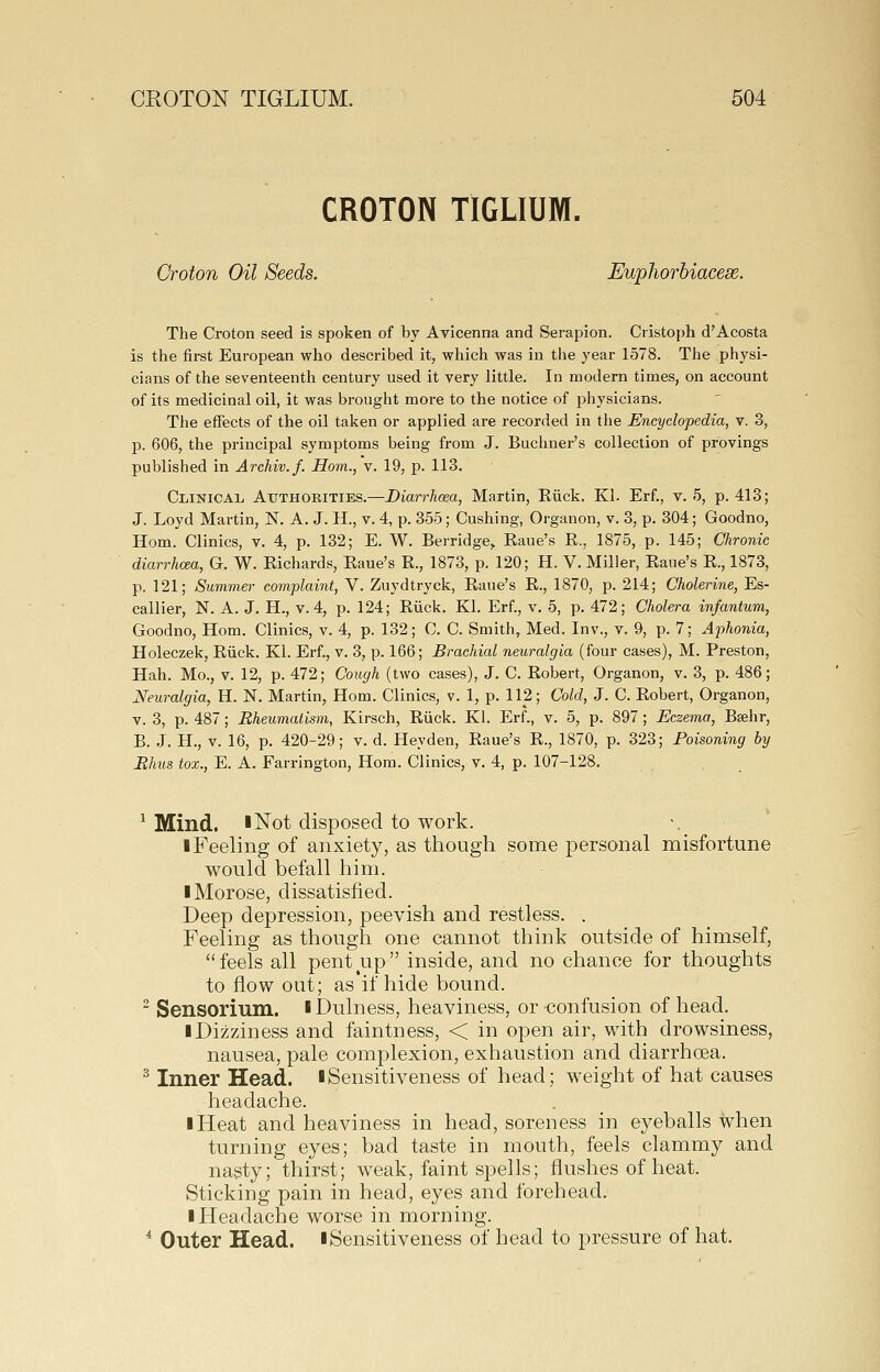CROTON TIGLIUM. Oroton Oil Seeds. Euphorbiacese. The Croton seed is spoken of by Avicenna and Serapion. Cristoph d'Acosta is the first European who described it, which was in the year 1578. The physi- cians of the seventeenth century used it very little. In modern times, on account of its medicinal oil, it was brought more to the notice of physicians. The effects of the oil taken or applied are recorded in the Encyclopedia, v. 3, p. 606, the principal symptoms being from J. Buchner's collection of provings published in Archiv.f. Horn., v. 19, p. 113. Clinical Atjthokities.—Diarrhoea, Martin, Riick. Kl. Erf., v. 5, p. 413; J. Loyd Martin, N. A. J. H., v. 4, p. 355; Gushing, Organon, v. 3, p. 304; Goodno, Hom. Clinics, v. 4, p. 132; E. W. Berridge, Eaue's R., 1875, p. 145; Chronic diarrhoea, G. W. Richards, Eaue's R., 1873, p. 120; H. V. Miller, Raiie's R., 1873, p. 121; Summer complaint, V. Zuydtryck, Raue's R., 1870, p. 214; Cholerine, Es- callier, N. A. J. H., v. 4, p. 124; Riick. Kl. Erf., v. 5, p. 472; Cholera infantum, Goodno, Hom. Clinics, v. 4, p. 132; C. C. Smith, Med. Inv., v. 9, p. 7; Aphonia, Holeczek, Riick. Kl. Erf., v. 3, p. 166; Brachial neuralgia (four cases), M. Preston, Hah. Mo., V. 12, p. 472; Cough (two cases), J. C. Robert, Organon, v. 3, p. 486; Neuralgia, H. N. Martin, Hom. Clinics, v. 1, p. 112; Cold, J. C. Robert, Organon, V. 3, p. 487; Rheumatism, Kirsch, Riick. Kl. Erf., v. 5, p. 897; Eczema, Bsehr, B. J. H., V. 16, p. 420-29; v. d. Heyden, Raue's R., 1870, p. 323; Poisoning by Ehus tox., E. A. Farrington, Horn. Clinics, v. 4, p. 107-128. ^ Mind. I Not disposed to work. I Feeling of anxiety, as though some personal misfortune would befall him. ■ Morose, dissatisfied. Deep depression, peevish and restless. . Feeling as though one cannot think outside of himself, feels all pent up inside, and no chance for thoughts to flow out; as if hide bound. ^ Sensorium. iDulness, heaviness, or confusion of head. ■ Dizziness and faintness, < in open air, with drowsiness, nausea, pale complexion, exhaustion and diarrhoea. ^ Inner Head. ■ Sensitiveness of head; weight of hat causes headache. I Heat and heaviness in head, soreness in eyeballs when turning eyes; bad taste in mouth, feels clammy and nasty; thirst; weak, faint spells; flushes of heat. Sticking pain in head, eyes and forehead. ■ Headache worse in morning. ^ Outer Head, iSensitiveness of head to pressure of hat.