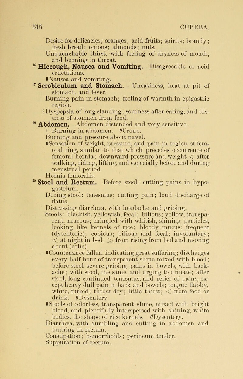 Desire for delicacies; oranges; acid fruits; spirits; brandy; fresh bread; onions; almonds; nuts. Unquenchable thirst, with feeling of dryness of mouth, and burning in throat. ^^ Hiccough, Nausea and Vomiting. Disagreeable or acid eructations. I Nausea and vomiting. ^'^ Scrobiculum and Stomach. Uneasiness, heat at pit of stomach, and fever. Burning pain in stomach; feeling of warmth in epigastric region. : Dyspepsia of long standing; sourness after eating, and dis- tress of stomach from food. ^^ Abdomen. Abdomen distended and very sensitive. I I Burning in abdomen. ^Croup. Burning and pressure about navel. ■Sensation of weight, pressure, and pain in region of fem- oral ring, similar to that which precedes occurrence of femoral hernia; downward pressure and weight < after walking, riding, lifting, and especially before and during menstrual period. Hernia femoralis. ^^ Stool and Rectum. Before stool: cutting pains in hypo- gastrium. During stool: tenesmus; cutting pain; loud discharge of flatus. Distressing diarrhoea, with headache and griping. Stools: blackish, yellowish, fecal; bilious; j^ellow, transpa- rent, mucous; mingled with whitish, shining particles, looking like kernels of rice; bloody mucus; frequent (dysenteric); copious; bilious and fecal; involuntary; < at night in bed; > from rising from bed and moving about (colic). ■ Countenance fallen, indicating great suffering; discharges every half hour of transparent slime mixed with blood; before stool severe griping pains in bowels, with back- ache; with stool, the same, and urging to urinate; after stool, long continued tenesmus, and relief of pains, ex- cept heavy dull pain in back and bowels; tongue flabby, white, furred; throat dry; little thirst; < from food or drink. ^Dysentery. ■ Stools of colorless, transparent slime, mixed with bright blood, and plentifully interspersed with shining, white bodies, the shape of rice kernels. ^Dysentery. Diarrhoea, with rumbling and cutting in abdomen and burning in rectum. Constipation; hemorrhoids; perineum tender. Suppuration of rectum.
