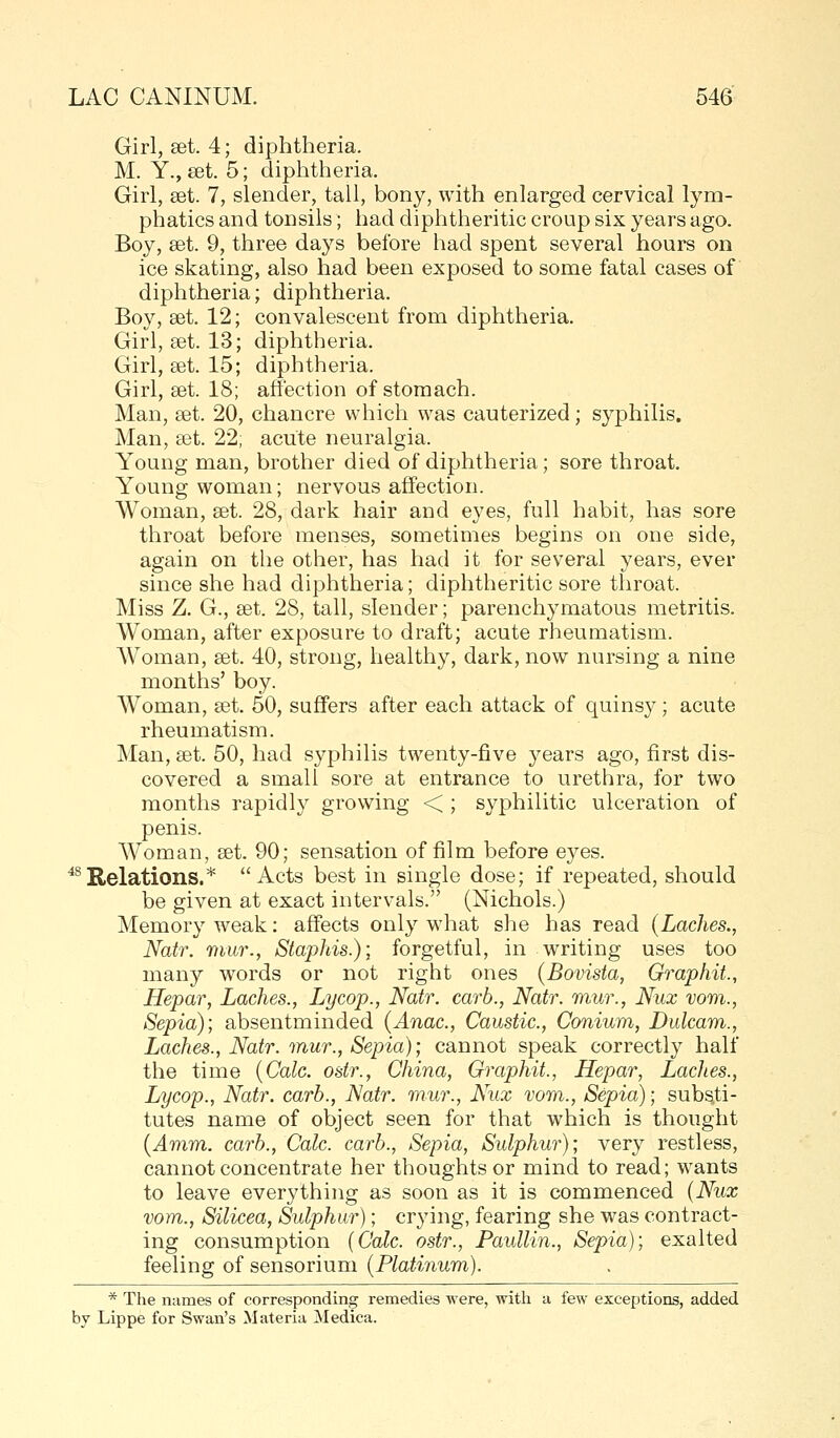 Girl, eet. 4; diphtheria. M. Y., set. 5; diphtheria. Girl, eet. 7, slender, tall, bony, with enlarged cervical lym- phatics and tonsils; had diphtheritic croup six years ago. Boy, set. 9, three days before had spent several hours on ice skating, also had been exposed to some fatal cases of diphtheria; diphtheria. Boy, set. 12; convalescent from diphtheria. Girl, set. 13; diphtheria. Girl, set. 15; diphtheria. Girl, set. 18; affection of stomach. Man, set. 20, chancre which was cauterized; syphilis. Man, set. 22; acute neuralgia. Young man, brother died of diphtheria; sore throat. Young woman; nervous affection. Woman, set. 28, dark hair and eyes, full habit, has sore throat before menses, sometimes begins on one side, again on the other, has had it for several years, ever since she had diphtheria; diphtheritic sore throat. Miss Z. G., set. 28, tall, slender; parenchymatous metritis. Woman, after exposure to draft; acute rheumatism. Woman, set. 40, strong, healthy, dark, now nursing a nine months' boy. Woman, set. 50, suffers after each attack of quinsy; acute rheumatism. Man, set. 50, had syphilis twenty-five years ago, first dis- covered a small sore at entrance to urethra, for two months rapidly growing < ; syphilitic ulceration of penis. AVoman, set. 90; sensation of film before eyes. ^^Relations.* Acts best in single dose; if repeated, should be given at exact intervals. (Nichols.) Memory weak: affects only what she has read {Laches., Natr. mur., Staphis.); forgetful, in writing uses too many words or not right ones {Bovisia, Graphit., Hepar, Laches., Lycop., Natr. carb., Natr. mur., Nux vom., Sepia); absentminded {Anac, Caustic, Conium, Dulcam., Laches., Natr. mur., Sepia); cannot speak correctly half the time {Calc. ostr., China, Graphit., Hepar, Laches., Lycop., Natr. carb., Natr. mur., Nux vom., Sepia); substi- tutes name of object seen for that which is thought {Amm. carb., Calc. carb., Sepia, Sulphur); very restless, cannot concentrate her thoughts or mind to read; wants to leave everything as soon as it is commenced {Nux vom., Silicea, Sulphur); crying, fearing she was contract- ing consumption {Calc. ostr., Paullin., Sepia); exalted feeling of sensorium {Platinum). * The names of corresponding remedies were, with a few exceptions, added by Lippe for Swan's Materia Medica.