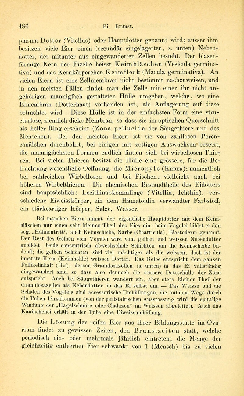 plasma Dotter (Vitellus) oder Hauptdotter genannt wird; ausser ihm besitzen viele Eier einen (secundär eingelagerten, s. unten) Neben- dotter, der mitunter aus eingewanderten Zellen besteht. Der blasen- förmige Kern der Eizelle heisst Keimbläschen (Vesicula germina- tiva) und das Kernkörperchen Keim fleck (Macula germinativa). An vielen Eiern ist eine Zellmembran nicht bestimmt nachzuweisen, und in den meisten Fällen findet man die Zelle mit einer ihr nicht an- gehörigen mannigfach gestalteten Hülle umgeben, welche, wo eine Eimembran (Dotterhaut) vorhanden ist, als Auflagerung auf diese betrachtet wird. Diese Hülle ist in der einfachsten Form eine stru- cturlose, ziemlich dicke Membran, so dass sie im optischen Querschnitt als heller Ring erscheint (Zona pellucida der Säugethiere und des Menschen). Bei den meisten Eiern ist sie von zahllosen Poren - canälchen durchbohrt, bei einigen mit zottigen Auswüchsenbesetzt, die mannigfachsten Formen endlich finden sich bei wirbellosen Thie- ren. Bei vielen Thieren besitzt die Hülle eine grössere, für die Be- fruchtung wesentliche Oeffnung, die Micropyle (Keber); namentlich bei zahlreichen Wirbellosen und bei Fischen, vielleicht auch bei höheren Wirbelthieren. Die chemischen Bestandtheile des Eidotters sind hauptsächlich: Lecithinabkömmlinge (Vitellin, Ichthin), ver- schiedene Eiweisskörper, ein dem Hämatoidin verwandter Farbstoff, ein stärkeartiger Körper, Salze, Wasser. Bei manchen Eiern nimmt der eigentliche Hauptdotter mit dem Keim- bläschen nur einen sehr kleinen Theil des Eies ein; beim Vogelei büdet er den sog. „Hahnentritt, auch Keimscheibe, Narbe (Cicatricula), Blastoderm genannt. Der Rest des Gelben vom Vogelei wird vom gelben und weissen Nebendotter gebüdet, beide concentrisch abwechselnde Schichten um die Keimscheibe bil- dend; die gelben Schichten sind viel mächtiger als die weissen, doch ist der innerste Kern (Keimhöhle) weisser Hotter. Das Gelbe entspricht dem ganzen Eollikelinhalt (His), dessen Granulosazellen (s. unten) in das Ei vollständig eingewandert sind, so dass also dennoch die äussere Dotterhülle der Zona entspricht. Auch bei Säuge thieren wandert ein, aber stets kleiner Theil der Granulosazellen als Nebendotter in das Ei selbst ein. — Das Weisse und die Schalen des Vogeleis sind accessorische Umhüllungen, die auf dem Wege durch die Tuben hinzukommen (von der peristaltischen Ausstossung wird die spiralige Windung der „Hagelschnüre oder Chalazen im Weissen abgeleitet). Auch das Kaninchenei erhält in der T.uba eine Eiweissumhüllung. Die Lösung der reifen Eier aus ihrer Bildungsstätte im Ova- rium findet zu gewissen Zeiten, den Brunstzeiten statt, welche periodisch ein- oder mehrmals jährlich eintreten; die Menge der gleichzeitig entleerten Eier schwankt von 1 (Mensch) bis zu vielen