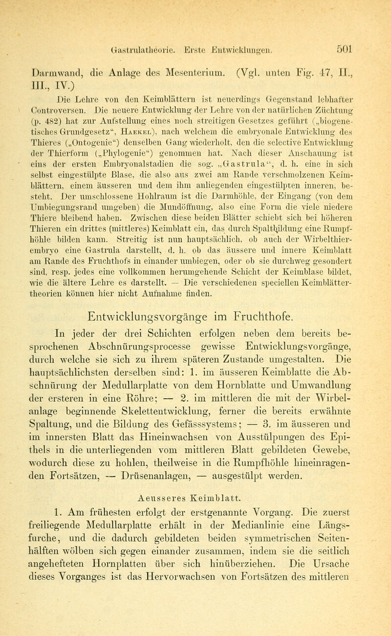Darmwand, die Anlage des Mesenterium. (Vgl. unten Fig. -17, II., 111., IV.) Die Lehre von den Keimblättern ist neuerdings Gegenstand lebhafte)' Controversen. Die neuere Entwicklung der Lehre von der natürlichen Züchtung (p. 482) hat zur Aufstellung eines noch streitigen Gesetzes geführt („biogene- tisches Grundgesetz, Haekel), nach welchem die embryonale Entwicklung des Thieres („Ontogenie) denselben Gang wiederholt, den die selective Entwicklung der Thierform („Phylogenie) genommen hat. Nach dieser Anschauung ist eins der ersten Embryonalstadien die sog. „Gastrula, d. h. eine in sich selbst eingestülpte Blase, die also aus zwei am Rande verschmolzenen Keim- blättern, einem äusseren und dem ihm anliegenden eingestülpten inneren, be- steht. Der umschlossene Hohlraum ist die Darmhöhle, der Eingang (von dem Umbiegungsrand umgeben) die Mundöffnung, also eine Form die viele niedere Thiere bleibend haben. Zwischen diese beiden Blätter schiebt sich bei höheren Thieren ein drittes (mittleres) Keimblatt ein, das durch Spaltlnldung eine Rumpf- höhle bilden kann. Streitig ist nun hauptsächlich, ob auch der Wirbelthier- embryo eine Gastrula darstellt, d. h. ob das äussere und innere Keimblatt am Rande des Eruchthofs in einander umbiegen, oder ob sie durchweg gesondert sind, resp. jedes eine vollkommen herumgehende Schicht der Keimblase bildet, wie die ältere Lehre es darstellt. — Die verschiedenen speciellen Keimblätter- theorien können hier nicht Aufnahme finden. EntwicklungsYorgänge im Fruchthofe. In jeder der drei Schichten erfolgen neben dem bereits be- sprochenen Abschnürungsprocesse gewisse Entwicklungsvorgänge, durch welche sie sich zu ihrem späteren Zustande umgestalten. Die hauptsächlichsten derselben sind: 1. im äusseren Keimblatte die Ab- schnürung der Medullarplatte von dem Hornblatte und Umwandlung der ersteren in eine Röhre; — 2. im mittleren die mit der Wirbel- anlage beginnende Skelettentwicklung, ferner die bereits erwähnte Spaltung, und die Bildung des Gefässsystems; — 3. im äusseren und im innersten Blatt das Hineinwachsen von Ausstülpungen des Epi- thels in die unterliegenden vom mittleren Blatt gebildeten Gewebe, wodurch diese zu hohlen, theilweise in die Rumpfhöhle hineinragen- den Fortsätzen, —■ Drüsenanlagen, — ausgestülpt werden. Aeusseres Keimblatt. 1. Am frühesten erfolgt der erstgenannte Vorgang. Die zuerst freiliegende Medullarplatte erhält in der Medianlinie eine Längs- furche, und die dadurch gebildeten beiden symmetrischen Seiten- hälften wölben sich gegen einander zusammen, indem sie die seitlich angehefteten Hornplatten über sich hinüberziehen. Die Ursache dieses Vorganges ist das Hervorwachsen von Fortsätzen des mittleren