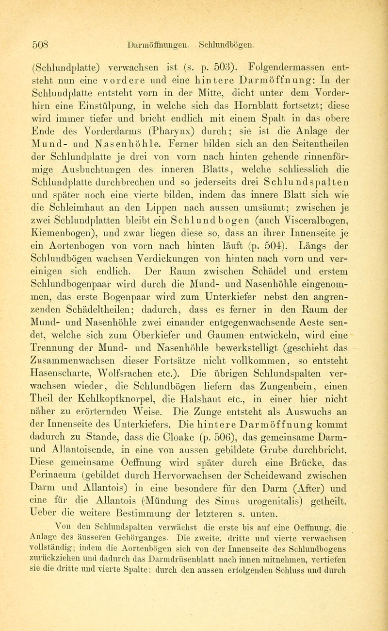 (Schlundplatte) verwachsen ist (s. p. 503). Folgendermassen ent- steht nun eine vordere und eine hintere Darmöffnung: In der Schlundplatte entsteht vorn in der Mitte, dicht unter dem Vorder- hirn eine Einstülpung, in welche sich das Hornblatt fortsetzt; diese wird immer tiefer und bricht endlich mit einem Spalt in das obere Ende des Vorderdarms (Pharynx) durch; sie ist die Anlage der Mund- und Nasenhöhle. Ferner bilden sich an den Seitentheilen der Schlundplatte je drei von vorn nach hinten gehende rinnenför- mige Ausbuchtungen des inneren Blatts, welche schliesslich die Schlundplatte durchbrechen und so jederseits drei Schlundspalten und später noch eine vierte bilden, indem das innere Blatt sich wie die Schleimbaut an den Lippen nach aussen umsäumt; zwischen je zwei Schlundplatten bleibt ein Schlund bogen (auch Visceralbogen, Kiemenbogen), und zwar liegen diese so, dass an ihrer Innenseite je ein Aortenbogen von vorn nach hinten läuft (p. 504). Längs der Schlundbögen wachsen Verdickungen von hinten nach vorn und ver- einigen sich endlich. Der Baum zwischen Schädel und erstem Schlundbogenpaar wird durch die Mund- und Nasenhöhle eingenom- men, das erste Bogenpaar wird zum Unterkiefer nebst den angren- zenden Schädeltheilen; dadurch, dass es ferner in den Raum der Mund- und Nasenhöhle zwei einander entgegenwachsende Aeste sen- det, welche sich zum Oberkiefer und Gaumen entwickeln, wird eine Trennung der Mund- und Nasenhöhle bewerkstelligt (geschieht das Zusammenwachsen dieser Fortsätze nicht vollkommen, so entsteht Hasenscharte, Wolfsrachen etc.). Die übrigen Schlundspalten ver- wachsen wieder, die Schlundbögen liefern das Zungenbein, einen Theil der Kehlkopfknorpel, die Halshaut etc., in einer hier nicht näher zu erörternden Weise. Die Zunge entsteht als Auswuchs an der Innenseite des Unterkiefers. Die hintere Darmöffnung kommt dadurch zu Stande, dass die Cloake (p. 506), das gemeinsame Darm- und Allan toi sende, in eine von aussen gebildete Grube durchbricht. Diese gemeinsame Oeffnung wird später durch eine Brücke, das Perinaeum (gebildet durch Hervorwachsen der Scheidewand zwischen Darm und Allantois) in eine besondere für den Darm (After) imd eine für die Allantois (Mündung des Sinus urogenitalis) getheilt. Ueber die weitere Bestimmung der letzteren s. unten. Von den Schlundspalten venvächst die erste bis auf eine Oeffnung, die Anlage des äusseren Gehörganges. Die zweite, dritte und vierte verwachsen vollständig; indem die Aortenbögen sich von der Innenseite des Schlundbogens zurückziehen und dadurch das Darmdrüsenblatt nach innen mitnehmen, vertiefen sie die dritte und vierte Spalte: durch den aussen erfolgenden Schluss und durch