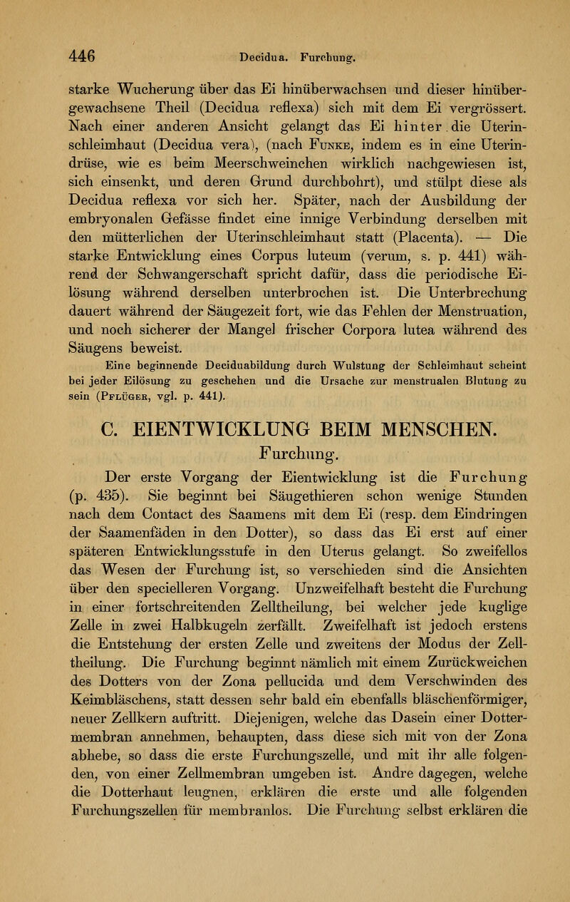 starke Wucherung über das Ei hinüberwachsen und dieser hinüber- gewachsene Theil (Decidua reflexa) sich mit dem Ei vergrössert. Nach einer anderen Ansicht gelangt das Ei hinter.die Uterin- schleimhaut (Decidua vera), (nach Funke, indem es in eine Uterin- drüse, wie es beim Meerschweinchen wirklich nachgewiesen ist, sich einsenkt, und deren Grund durchbohrt), und stülpt diese als Decidua reflexa vor sich her. Später, nach der Ausbildung der embryonalen Gefässe findet eine innige Verbindung derselben mit den mütterlichen der Uterinschleimhaut statt (Placenta). — Die starke Entwicklung eines Corpus luteum (verum, s. p. 441) wäh- rend der Schwangerschaft spricht dafür, dass die periodische Ei- lösung während derselben unterbrochen ist. Die Unterbrechung dauert während der Säugezeit fort, wie das Fehlen der Menstruation, und noch sicherer der Mangel frischer Corpora lutea während des Säugens beweist. Eine beginnende Deciduabildung durch Wulstung der Schleimhaut scheint bei jeder Eilösung zu geschehen und die Ursache zur menstrualen Blutung zu sein (Pflüger, vgl. p. 441). C. EIENTWICKLUNG BEIM MENSCHEN. Furchung. Der erste Vorgang der Eientwicklung ist die Furchung (p. 435). Sie beginnt bei Säugethieren schon wenige Stunden nach dem Contact des Saamens mit dem Ei (resp. dem Eindringen der Saamenfäden in den Dotter), so dass das Ei erst auf einer späteren Entwicklungsstufe in den Uterus gelangt. So zweifellos das Wesen der Furchung ist, so verschieden sind die Ansichten über den specielleren Vorgang. Unzweifelhaft besteht die Furchung in, einer fortschreitenden Zelltheilung, bei welcher jede kuglige Zelle in zwei Halbkugeln zerfällt. Zweifelhaft ist jedoch erstens die Entstehung der ersten Zelle und zweitens der Modus der Zell- theilung. Die Furchung beginnt nämlich mit einem Zurückweichen des Dotters von der Zona pellucida und dem Verschwinden des Keimbläschens, statt dessen sehr bald ein ebenfalls bläschenförmiger, neuer Zellkern auftritt. Diejenigen, welche das Dasein einer Dotter- membran annehmen, behaupten, dass diese sich mit von der Zona abhebe, so dass die erste Furchungszelle, und mit ihr alle folgen- den, von einer Zellmembran umgeben ist. Andre dagegen, welche die Dotterhaut leugnen, erklären die erste und alle folgenden Furchungszellen für membranlos. Die Furchung selbst erklären die