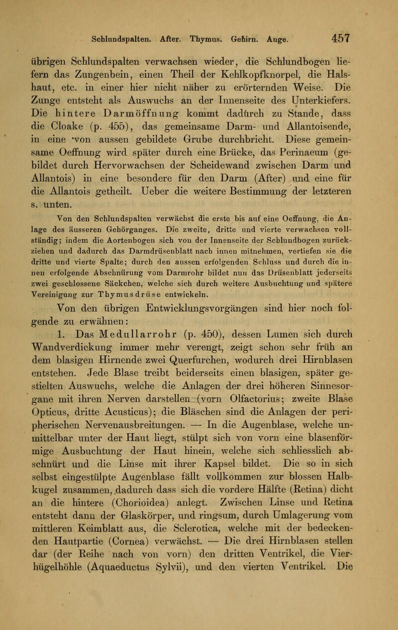 übrigen Schlundspalten verwachsen wieder, die Schlundbogen lie- fern das Zungenbein, einen Theil der Kehlkopfknorpel, die Hals- haut, etc. in einer hier nicht näher zu erörternden Weise. Die Zunge entsteht als Auswuchs an der Innenseite des Unterkiefers. Die hintere Darmöffnung kommt dadurch zu Stande, dass die Cloake (p. 455), das gemeinsame Darm- und Allantoisende, in eine *von aussen gebildete Grube durchbricht. Diese gemein- same Oeffnung wird später durch eine Brücke, das Perinaeum (ge- bildet durch Hervorwachsen der Scheidewand zwischen Darm und Allantois) in eine besondere für den Darm (After) und eine für die Allantois getheilt. Ueber die weitere Bestimmung der letzteren s. unten. Von den Schlundspalten verwächst die erste bis auf eine Oeffnung1, die An- lage des äusseren Gehörganges. Die zweite, dritte und vierte verwachsen voll- ständig; indem die Aortenbogen sich von der Innenseite der Schlundbogen zurück- ziehen und dadurch das Darmdrüsenblatt nach innen mitnehmen, vertiefen sie die dritte und vierte Spalte; durch den aussen erfolgenden Schluss und durch die in- nen erfolgende Abschnürung vom Darmrohr bildet nun das Drüsenblatt jederseits zwei geschlossene Säckchen, welche sich durch weitere Ausbuchtung und spätere Vereinigung zur Thymusdrüse entwickeln. Von den übrigen Entwicklungsvorgängen sind hier noch fol- gende zu erwähnen: 1. Das Medullarrohr (p. 450), dessen Lumen sich durch Wandverdickung immer mehr verengt, zeigt schon sehr früh an dem blasigen Hirnende zwei Querfurchen, wodurch drei Hirnblasen entstehen. Jede Blase treibt beiderseits einen blasigen, später ge- stielten Auswuchs, welche die Anlagen der drei höheren Sinnesor- gane mit ihren Nerven darstellen (vorn Olfactorius; zweite Blase Opticus, dritte Acusticus); die Bläschen sind die Anlagen der peri- pherischen Nervenausbreitungen. — In die Augenblase, welche un- mittelbar unter der Haut liegt, stülpt sich von vorn eine blasenför- mige Ausbuchtung der Haut hinein, welche sich schliesslich ab- schnürt und die Linse mit ihrer Kapsel bildet. Die so in sich selbst eingestülpte Augenblase fällt vollkommen zur blossen Halb- kugel zusammen, .dadurch dass sich die vordere Hälfte (Retina) dicht an die hintere (Chorioidea) anlegt. Zwischen Linse und Retina entsteht dann der Glaskörper, und ringsum, durch Umlagerung vom mittleren Keimblatt aus, die Sclerotica, welche mit der bedecken- den Hautpartie (Cornea) verwächst. — Die drei Hirnblasen stellen dar (der Reihe nach von vorn) den dritten Ventrikel, die Vier- hügelhöhle (Aquaeductus Sylvii), und den vierten Ventrikel. Die