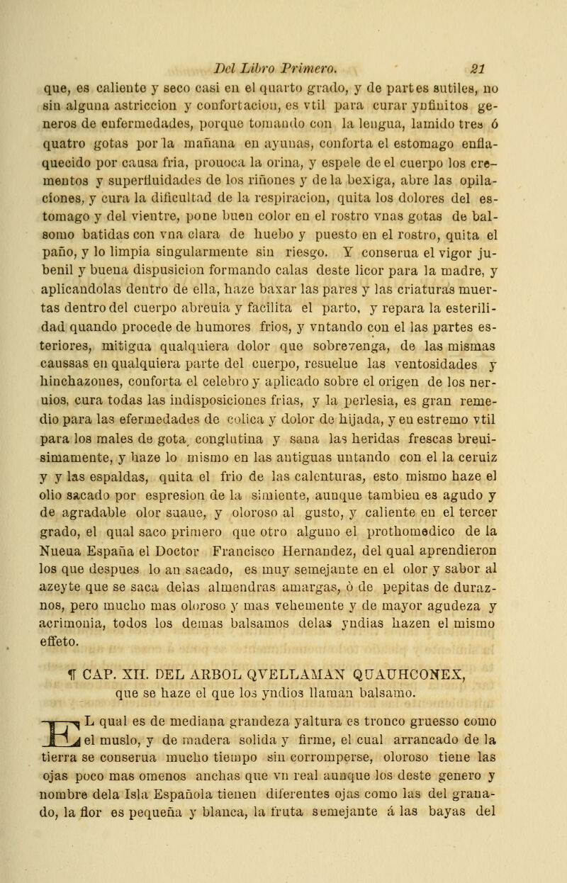 que, es caliente y seco casi en el quarto grado, y de partes sutiles, no sin alguna astricción y confortación, es vtil i)ara curar ynfinitos gé- neros de enfermedades, porque tomando con la lengua, lamido tres ó quatro gotas por la mañana en ayunas, conforta el estomago enfla- quecido por causa fria, prouoca la orina, y espele de el cuerpo los cre- mentos y superüuidades de los ríñones y déla bexiga, abre las opila- ciones, y cura la dificultad de la respiración, quita los dolores del es- tomago y del vientre, pone buen color en el rostro vnas gotas de bal- somo batidas con vna clara de liuebo y puesto en el rostro, quita el paño, y lo limpia singularmente sin riesg-o. Y conserua el vigor ju- benil y buena dispusicion formando calas deste licor para la madre, y aplicándolas dentro de ella, haze baxar las pares y las criaturas muer- tas dentro del cuerpo abreuia y facilita el parto, y repara la esterili- dad quando procede de humores frios, y vntando con el las partes es- teriores, mitlgaa qualquiera dolor que sobrevenga, de las mismas caussas en qualquiera parte del cuerpo, resuelue las ventosidades y hinchazones, conforta el celebro y aplicado sobre el origen de los ner- uios, cura todas las indisposiciones frías, y la perlesía, es gran reme- dio para las efermedades de cólica y dolor de hijada, y en estremo vtil para los males de gota^ conglutina y sana las heridas frescas breui- simamente, y haze lo mismo en las antiguas untando con el la ceruiz y y las espaldas, quita el frió de las calenturas, esto mismo haze el olio sacada por espresion de la simiente, aunque también es agudo y de agradable olor suaue, y oloroso al gusto, y caliente en el tercer grado, el qual saco primero que otro alguno el i^rothomedico de la Nueua España el Doctor Francisco Hernández, del qual aprendieron los que después lo an sacado, es muy semejante en el olor y sabor al azeyte que se saca délas almendras amargas, ó de pepitas de duraz- nos, pero mucho mas oloroso y mas vehemente y de mayor agudeza y acrimonia, todos los demás bálsamos délas yndias hazen el mismo effeto. ^ CAP. XII. DEL AliBOL QVELLAMAN QÜAUHCONEX, que se haze el que los yndios llaman balsamo. E ■^ L qual es de mediana grandeza yaltura es tronco gruesso como ^el muslo, y de madera solida y firme, el cual arrancado de la tierra se conserua mucho tiempo sin corromperse, oloroso tiene las ojas poco mas omenos anchas que vn real aunque los deste genero y nombre déla Isla Española tienen diferentes ojas como las del grana- do, la flor es pequeña y blanca, la fruta semejante á las bayas del