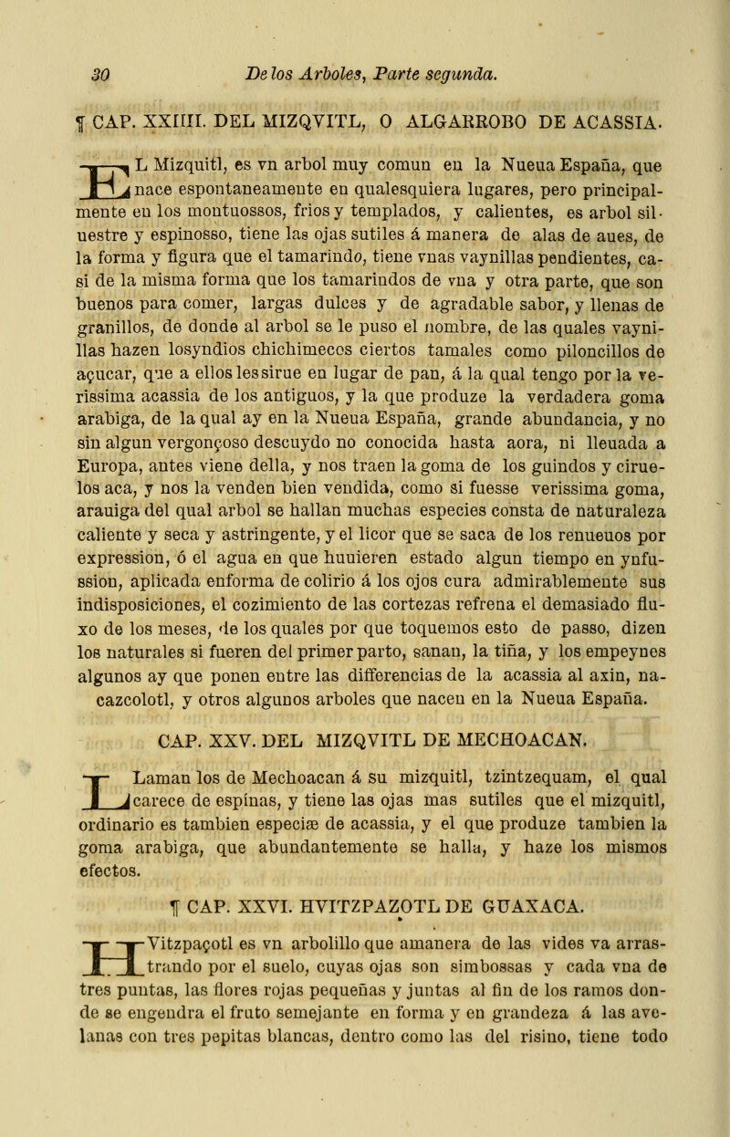 f CAP. XXIÍII. DEL MIZQYITL, O ALGARROBO DE ACASSIA. <^ L Mizquitl, es vn árbol muy común en la Nueua España, que j nace espontáneamente en qualesquiera lugares, pero principal- E mente en los montuossos, friosy templados, y calientes, es árbol sil- uestre y espinosso, tiene las ojas sutiles á manera de alas de aues, de la forma y figura que el tamarindo, tiene vnas vaynillas pendientes, ca- si de la misma forma que los tamarindos de vna y otra parte, que son buenos para comer, largas dulces y de agradable sabor, y llenas de granillos, de donde al árbol se le puso el nombre, de las quales vayni- llas bazen losyndios cbicbimecos ciertos tamales como piloncillos de apucar, que a ellos les sirue en lugar de pan, á la qual tengo por la re- rissima acassia de los antiguos, y la que produze la verdadera goma arábiga, de la qual ay en la Nueua España, grande abundancia, y no sin algún vergonzoso descuydo no conocida hasta aora, ni llenada a Europa, antes viene della, y nos traen la goma de los guindos y cirue- los acá, y nos la venden bien vendida, como si fuesse verissima goma, arauiga del qual árbol se hallan muchas especies consta de naturaleza caliente y seca y astringente, y el licor que se saca de los reuueuos por expression, ó el agua en que huuieren estado algún tiempo en ynfa- ssion, aplicada enferma de cohrio á los ojos cura admirablemente sus indisposiciones^ el cozimiento de las cortezas refrena el demasiado flu- xo de los meses, de los quales por que toquemos esto de passo, dizen los naturales si fueren del primer parto, sanan, la tina, y los empeynes algunos ay que ponen entre las differencias de la acassia al axin, na- cazcolotl, y otros algunos arboles que nacen en la Nueua España. CAP. XXV. DEL MIZQVITL DE MECHOACAN. I Laman los de Mechoacan á su mizquitl, tzintzequam, el qual _Jcarece de espinas, y tiene las ojas mas sutiles que el mizquitl, ordinario es también especia? de acassia, y el que produze también la goma arábiga, que abundantemente se halla, y haze los mismos efectos. I CAP. XXVI. HVITZPAZOTL DE GüAXACA. HVitzpa^otl es vn arbolillo que amanera de las vides va arras- trando por el suelo, cuyas ojas son simbossas y cada vna de tres puntas, las flores rojas pequeñas y juntas al fin de los ramos don- de se engendra el fruto semejante en forma y en grandeza á las ave- lanas con tres pepitas blancas, dentro como las del risino, tiene todo