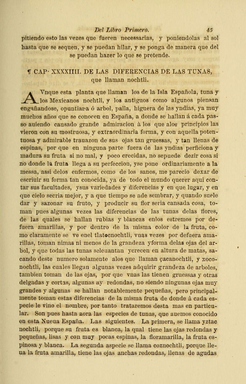 pitiendo esto las vezes que fueren necessarias, y poniéndolas al sol hasta que se sequen, y se puedan hilar, y se ponga de manera que del se puedan hazer lo que se pretende. II CAP- XXXXIiri. DE LAS DIFERENCIAS DE LAS TONAS, que llaman nochtli. A Ynque esta planta que llaman los de la Isla Española, tuna y J^ los Mexicanos nochtli, y los antiguos como algunos piensan engañándose, opuntiara ó árbol, palla, higuera de las yndias, ya muy muchos años que se conocen en España, a donde se hallan á cada pas- so auiendo causado grande admiración á los que alos principios las vieron con su mostruosa, y extraordinaria forma, y con aquella poten- tuosa y admirable trauazon de sus ojas tan gruessas, y tan llenas de espinas, por que en ninguna parte fuera de las yndias perficiona y madura su fruta si no mal, y poco crecidas, no sepaede dezir cosa si no donde la fruta llega a su perfección, yse pone ordinariamente a la messa, assi délos enfermos, como de los sanos, me pareció dexar de escriuir su forma tan conocida, ya de todo el mundo querer aqui con- tar sus facultades, ysus variedades y diferencias y en que lugar, y en que cielo secria mejor, y a que tiempo se ade sembrar, y quando suele dar y sazonar su fruto, y producir su flor seria cansada cosa, to- man pues algunas vezes las diferencias de las tunas délas flores, de las quales se hallan rubias y blancas enlos estremos por de- fuera amarillas, y por dentro de la misma color de la fruta, co- mo claramente se ve enel tlatocnochtli, vnas vezes por defuera ama- rillas, toman nimas ni menos de la grandeza yforma délas ojas del ár- bol, y que todas las tunas seleuantan ycrecen en altura de matas, sa- cando deste numero solamente alos que llaman pacanochtli, y xoco- nochtli, las cuales llegan algunas vezes adquirir grandeza de arboles, también toman de las ojas, por que vnas las tienen gruessas y otras delgadas y cortas, algunas ay redondas, no siendo ningunas ojas muy grandes y algunas se hallan notablemente pequeñas, pero principal- mente toman estas diferencias de la misma fruta de donde á cada es- pecie le vino el nombre, por tanto trataremos desta mas en particu- lar. Son pues hasta aora las especies de tunas, que auemos conocido en esta Nueua España. Las siguientes. La primera, se llama yztac nochtli, porque su fruta es blanca, la qual tiene las ojas redondas y pequeñas, lisas y con muy pocas espinas, la floramarilla, la fruta es- pinosa y blanca. La segunda aspecie se llama coznochtli, porque lle- na la fruta amarilla, tiene las ojas anchas redondas, llenas de agudas