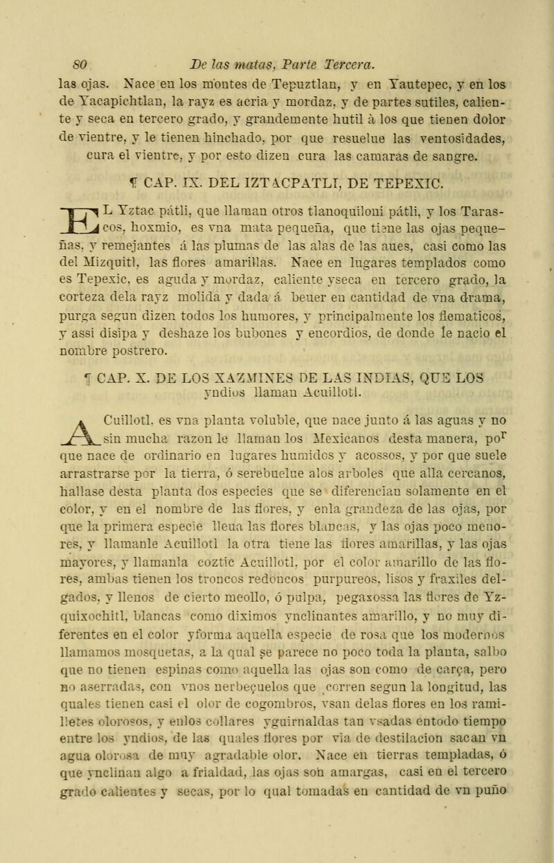 las ojas. Nace eu los montes de Tepuztlan, y en Tautepec, y en los de Tacapichtlan, la rayz es acria y mordaz, y de partes sutiles, calien- te y seca en tercero grado, y grandemente hutil á los que tienen dolor de vientre, y le tienen hinchado, por que resuelue las ventosidades, cura el vientre, y por esto dizen cura las cámaras de sangre. 1Í CAP. IX. DEL IZTICPATLI, DE TEPEXIC. E ^ L Yztac pátli, que llaman otros tianoquiloui pátli, y los Taras- ^ eos, hoxmio, es vna mata pequeña, que ti3ne las ojas peque- ñas, y remejantes á las plumas de las alas de las aues, casi como las del Mizquitl. las flores amarillas. Nace en lugares templados como es Tepexic, es aguda y mordaz, caliente yseca en tercero grado, la corteza déla rayz molida y da-da á beuer en cantidad de vna drama, purga según dizen todos los humores, y principalmente los flemáticos, y assi disipa y deshaze los bubones y encordios, de donde le nació el nombre postrero. % CAP. X. DE LOS XAZXriXES DE LAS INDIAS, QUE LOS yndios llaman Acuilíotl. A Cuillotl, es vna planta voluble, que nace junto á las aguas y no .r\ sin mucha razón le llaman los Mexicanos desta manera, po^ que nace de ordinario en lugares húmidos y acossos, y por que suele arrastrarse por la tierra, ó serebuelue alos arboles que alia cercanos, hallase desta planta dos especies que se diferencian solamente en el color, y en el nombre de las flores, y enla grandeza de las ojas, por que la primera especie lleua las flores blancas, y las ojas poco meno- res, y llamanle Acuilíotl la otra tiene las flores amarillas, y las ojas mayores, y llamanla coztic Acuilíotl. por el color amarillo de las flo- res, ambas tienen los troncos redoncos purpúreos, lisos y ñ-axiles del- gados, y llenos de cierto meollo, ó pulpa, pegaxossa las flores de Tz- quixochitl, blancas como diximos ynclinantes amarillo, y no muy di- ferentes en el color y forma aquella especie de rosa que los modernas llamamos mosquetas, a la qual se parece no poco toda la planta, saibó que no tienen espinas como aquella las ojas son como de carca, pero no aserradas, con Amos nerbe^uelos que corren según la longitud, las quales tienen casi el olor de cogombros, vsan délas flores en los rami- lletes olorosos, y eulos collares yguirnaldas tan vsadas entodo tiempo entre los yndios, de las quales flores por via de destilación sacan vu agua olorosa de muy agradable olor. Nace en tierras templadas, ó que ynclinau algo a frialdad, las ojas son amargas, casi en el tercero grado calientes y secas, por lo qual tomadas en cantidad de vn puño
