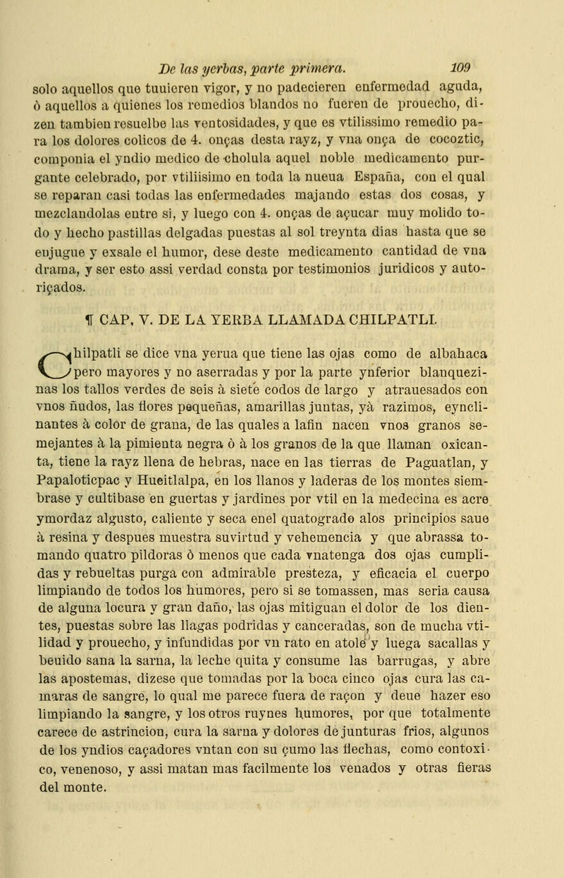 solo aquellos que tuuieren vigor, y no padecieren enfermedad aguda, b aquellos a quienes los remedios blandos no fueren de prouecho, di- zen también resuelbe las rentosidades, y que es vtilissimo remedio pa- ra los dolores cólicos de 4. on^as desta rayz, y vna on^a de cocoztic, componía el yndio medico de cholula aquel noble medicamento pur- gante celebrado, por vtiliisimo en toda la nueua España, con el qual se reparan casi todas las enfermedades majando estas dos cosas, y mezclándolas entre si, y luego con 4. onpas de apucar muy molido to- do y hecho pastillas delgadas puestas al sol treynta dias hasta que se enjugue y exsale el humor, dése deste medicamento cantidad de vna drama, y ser esto assi verdad consta por testimonios jurídicos y auto- rÍ9ados. 11 CAP, V. DE LA YERBA LLAMADA CHILPATLI Chilpatli se dice vna yerua que tiene las ojas como de albahaca pero mayores y no aserradas y por la parte ynferior blauquezi- nas los tallos verdes de seis a siete codos de largo y atrauesados con vnos ñudos, las flores pequeñas, amarillas juntas, ya razimos, eyncli- nantes k color de grana, de las quales a lafin nacen vnos granos se- mejantes k la pimienta negra ó á los granos de la que llaman oxican- ta, tiene la rayz llena de hebras, nace en las tierras de Paguatlan, y Papaloticpac y Hueitlalpa, en los llanos y laderas de los montes siém- brase y cultibase en guertas y jardines por vtil en la medecina es acre ymordaz algusto, caliente y seca enel quatogrado alos principios saue a resina y después muestra suvirtud y vehemencia y que abrassa to- mando quatro pildoras ó menos que cada vnatenga dos ojas cumpli- das y rebueltas purga con admirable presteza, y eficacia el cuerpo limpiando de todos los humores, pero si se tomassen, mas seria causa de alguna locura y gran daño, las ojas mitiguan el dolor de los dien- tes, puestas sobre las llagas podridas y canceradas, son de mucha vti- lidad y prouecho, y infundidas por vn rato en atole'y luega sacallas y beuido sana la sarna, la leche quita y consume las barrugas, y abre las apostemas, dizese que tomadas por la boca cinco ojas cura las cá- maras de sangre, lo qual me parece fuera de rapon y deue hazer eso limpiando la sangre, y los otros ruynes humores, porque totalmente carece de astrincion, cura la sarna y dolores de junturas frios, algunos de los yndios ca9adores vntan con su pumo las flechas, como contoxi- co, venenoso, y assi matan mas fácilmente los venados y otras fieras del monte.