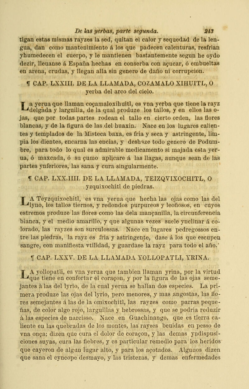 tigan estas mismas rayzes la sed, quitan el calor y sequedad de la len- gua, dan como mantenimiento á los que padecen calenturas, resfrian yhumedecen el cuerpo, y le mantienen bastantemente según he oydo dezir, lleuanso á España hechas en consorba con a9ucar, ó cmbueltas en arena, crudas, y llegan alia sin genero de daño ni corrupción. !í CAP. LXXIII. DE LA LLAMADA, COZAMALO XIHUITL, O yerba del arco del cíelo. T a yerua que llaman co9amaloxihuitl, es vna yerba que tiene la rayz ■-^delgada y larguilla, de la qual produze los tallos, y en ellos las o- jas, que por todas líartes rodean el tallo en cierto orden, las flores blancas, y de la figura de las del huaxin. Nace en los lugares calien- tes y templados de la Misteca baxa, es fria y seca y astringente, lim- pia los dientes, encarna las encias, y deshaze todo genero de Podum- bre, para todo lo qual es admirable medicamento si majada esta yer- ua, ó maxcada, ó su ^umo aplicare á las llagas, aunque sean de las partes ynferiores, las sana y cura singularmente. 1Í CAP. LXX.IIII. DE LA LLAMADA, TEIZQVIXOCHITL, O . yzquixochitl de piedras. A Teyzquixochitl, es vna yerua que hecha las ojas como las del 'lyno, los tallos tiernos, y redondos purpúreos y leoñosos, en cuyos estremos produze las flores como las déla manyanilla, la circunferencia blanca, y el medio amarillo, y que algunas vezes suele ynclinar á co- lorado, las rayzes son surculossas. Nace en lugares pedregossos en- tre las piedras, la rayz es fria y astringente, dase á los que escupen sangre, con manifiesta vtilidad, y guardase la rayz para todo el año. TI CAP. LXXY. DE LA LLAMADA YOLLOPATLI, TRINA. A yollopatli, es vna yerua que también llaman yrina, por la virtud 'que tiene en confortar el coraron, y por la figura de las ojas seme- jantes a las del lyrio, de la cual yerua se hallan dos especies. La pri- mera produze las ojas del lyrio, pero menores, y mas angostas, las flo- res semejantes alas de la omixochitl, las rayzes como parras peque- ñas, de color algo rojo, larguillas y hebrossas, y que se podría reduzir a las especies de narcisso. Nace en Gruachinango, que es tierra ca- liente en las quebradas de los montes, las rayzes heñidas en pesso de vna onga; dizen que cura el dolor de corapon, y las demás yndispusi- ciones suyas, cura las fiebres, y es particular remedio para los heridos que cayeron de algún lugar alto, y para los acotados. Algunos dizen que sana el cyncope desmayo, y las tristezas, y demás enfermedades