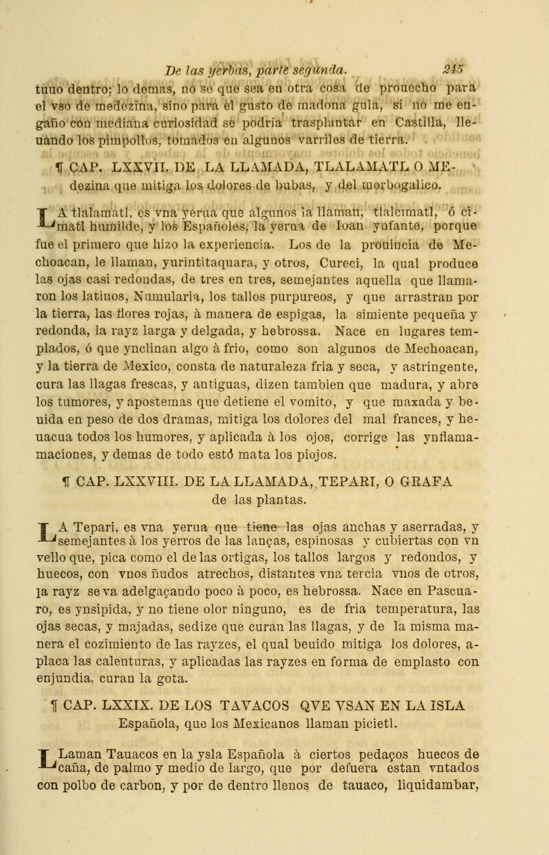 tuuo dentro; lo domas, nó so qiio sea en otra cosa de prouecho para el vso de medozina, sino pafa él gusto de madonít gula,''^'ií6 me en- gaño cóo mediana curiosidad se podria trasplantar en Castilla, He-' uándo los pimpollos, tomados en algunos varriles de tierra. II CAP. LXXVII. DE LA LLAMADA, TLALAMATL O ME- dezina.que mitiga los dolores de bubas, y del morbogalico. A tlalamatl, es vna yerua que algunos la llaman, tialcmiatl, ó cí- 'matl humilde, y los Españoles, la yerua de loan yoíante, porque fue el primero que hizo la experiencia. Los de la prouincia de Me- choacan, le llaman, yurintitaquara, y otros, Cureci, la qual produce las ojas casi redondas, de tres en tres, semejantes aquella que llama- ron los latinos, Numularia, los tallos purpúreos, y que arrastran por la tierra, las üores rojas, á manera de espigas, la simiente pequeña y redonda, la rayz larga y delgada, y hebrossa. Nace en lugares tem- plados, ó que ynclinan algo á frió, como son algunos de Mechoacan, y la tierra de México, consta de naturaleza fria y seca, y astringente, cura las llagas frescas, y antiguas, dizen también que madura, y abre los tumores, y apostemas que detiene el vomito, y que maxada y be- uida en peso de dos dramas, mitiga los dolores del mal francés, y he- uacua todos los humores, y aplicada á los ojos, corrige las ynflama- maciones, y demás de todo esto mata los piojos. II CAP. LXXVIIL DE LA LLAMADA, TEPARI, O GEAFA de las plantas. A Tepari, es vna yerua que tiene las ojas anchas y aserradas, y 'semejantes á los yerros de las lanpas, espinosas y cubiertas con vn vello que, pica como el de las ortigas, los tallos largos y redondos, y huecos, con vnos iñudos atrechos, distantes vna tercia vnos de otroS; ¡a rayz se va adelgacando poco a poco, es hebrossa. Nace en Pascua- ro, es ynsipida, y no tiene olor ninguno, es de fria temperatura, las ojas secas, y majadas, sedize que curan las llagas, y de la misma ma- nera el cozimiento de las rayzes, el qual beuido mitiga los dolores, a- placa las calenturas, y aplicadas las rayzes en forma de emplasto con enjundia, curan la gota. II CAP. LXXIX. DE LOS TAVACOS QVE VSAN EN LA ISLA Española, que los Mexicanos llaman picietl. Laman Tauacos en la ysla Española á ciertos pedagos huecos de 'caña; de palmo y medio de largo, que por defuera están vntados con polbo de carbón, y por de dentro llenos de tauaco, liquidambar,