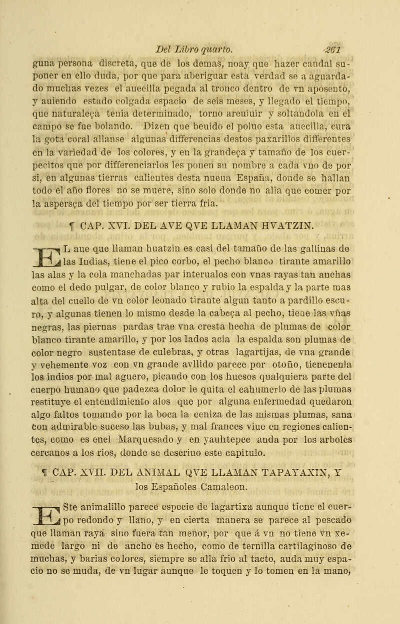 guna persona discreta, que de los demás, noay que bazer caudal su- poner en ello duda, por que para aberiguar está verdad se a aguarda- do mucbas vezes el auecilla pegada al tronco dentro de yn aposento, y auiendo estado colgada espacio de seis meses, y llegado el tiempo, que naturale^^a tenia determinado, torno areuiuir y soltándola en el campo se fue bolando. Dizen que beuido el poluo esta auecilla, cura la gota coral allanse algunas differencias destos paxarillos differentes en la variedad de los colores, y en la grandeca y tamaño de los cuer- pecitos que por differenciarlos les ponen sa nombre a cada vno de por si, en algunas tierras calientes desta nueua España, donde se hallan todo el año flores no se muere, sino solo donde no alia que comer por la aspersQa del tiempo por ser tierra fria. f CAP. XVI. DEL AVE QVE LLAMAN HVATZIN. EL aue que llaman huatzin es casi del tamaño de las gallinas de las ludias, tiene el pico corbo, el pecho blanco tirante amarillo las alas y la cola manchadas par intérnalos con vnas rayas tan anchas como el dedo pulgar, de color blanco y rubio la espalda y la parte mas alta del cuello de vn color leonado tirante'algún tanto a pardillo escu- ro, y algunas tienen lo mismo desde la cabcca al pecho, tieae las vñas negras, las piernas pardas trae vna cresta hecha de plumas de color blanco tirante amarillo, y por los lados acia la espalda son plumas de color negro sustentase de culebras, y otras lagartijas, de vna grande y vehemente voz con vn grande avllido parece por otoño, tienenenla los indios por mal agüero, picando con los huesos qualquiera parte del cuerpo humano que padezca dolor le quita el cahumerio de las plumas restituye el entendimiento alos que por alguna enfermedad quedaron algo faltos tomando por la boca la ceniza de las mismas plumas, sana Con admirable suceso las bubas, y mal francés vine en regiones calien- tes, como es ene! Marquesado y en yauhtepec anda por los arboles cercanos a los rios, donde se descriuo este capitulo. ^ CAP. XVII. DEL ANIMAL QVE LLAMAN TAPAYAXÍN, Y los Españoles Camaleón. ^ Ste animalillo parece especie de lagartixa aunque tiene el cuer-^- po redondo y llano, y en cierta manera se parece al pescado que llaman raya sino fuera tan menor, por que á vn no tiene vn xe- mede largo ni de ancho es hecho, como de ternilla cartilaginoso de muchas, y barias colores, siempre se alia frió al tacto, anda muy espa- cio no se muda, de vn lugar aunque le toquen y lo tomen en la mano,