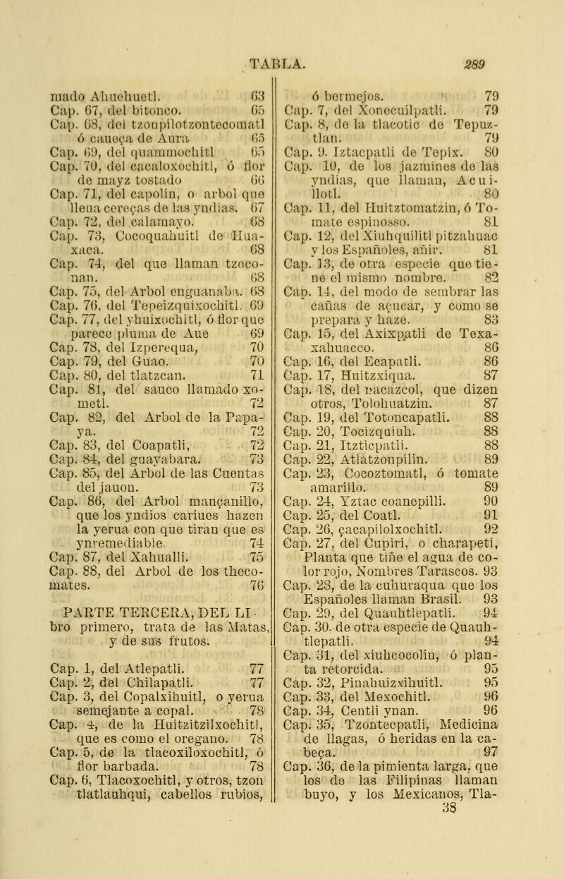 mado Ahuehuetl. 03 Cap. 67, del bitonco. G5 Cap. ü8, del tzoüpilotzontecomatl ó cauo^a de Aura 05 Cap. ()9, del quammochitl 05 Cap. 70, del cacaloxocbitl, ó flor de mayz tostado (10 Cap. 71, del capolin, o árbol que Ueua cereras de las yndias. 07 Cap. 72, del calarnayo. 08 Cap. 73, Cocoquahuitl de Kaa- xaca. 08 Cap. 74, del que llaman tzoco- nan. 08 Cap. 75, del Árbol enguanaba. 08 Cap. 70, del Tepeizqui?iochitl. 09 Cap. 77, del yhuixocbltl, ó flor que parece })luma de Aue 09 Cap. 78, del Izpei'equa, 70 Cap. 79, del Guao. 70 Cap. 80, del tlatzcan. 71 Cap. 81, del saúco llamado xo- metl. 72 Cap. 82, del Árbol do la Papa- ya. 72 Cap. 83, del Coapatli, 72 Cap. 84, del guayabara. 73 Cap. Só, del Árbol de las Cuentas del j ano ü. 73 Cap. 80, del Árbol manpanillo, que los yndios cariues hazen la yerua con que tiran que es ynremediabie. 74 Cap. 87, del Xahualli. 75 Cap. 88, del Árbol de los theco- mates. 70 PARTE TERCERA, DEL LI bro primero, trata de las Matas. y de sus frutos. Cap. 1, del Atlepatli. 77 Cap. 2, del Chilapatli. 77 Cap. 3, del Copalxihuitl, o yerua semejante a copal. 78 Gap. 4, de la Huitzitzilxocliit!, que es como el orégano. 78 Cap. 5, de la tlacoxiloxochitl, ó flor barbada. 78 Cap, O, Tlacoxochitl, y otros, tzon tlatlauhqui, cabellos rubios, ó bermejos. ' 79 Cap. 7, del Xonecuilpatli. 79 Cap. 8, do la tlacotic de Tepuz- tlan. 79 Cap. 9. íztacpatli de Tepix. 80 Cap. 10, de los jazmines de las yndias, que llaman, Acui- ilotl. 80 Cap. 11, del Huitztomatzin, ó To- mate cspinosso. 81 Cap. 12, delXiuhquilitl pitzahuac y los Españoles, añir. 81 Cap. ]3, de otra especie que tie- ne el mismo nombre. 82 Cap. 14, del modo de sembrar las cañas de acucar, y como se prepara y haze. 83 Cap. 15, del Axixp.atli de Texa- xahuacco. 86 Cap, 16, del Ecapatli. 86 Cap. 17, Huitzxiqua. 87 Cap. 18, del nacazcol, que dizen otros, Tolohuatzin. 87 Cao. 19, del Totoncapatli. 88 Cap. 20, Tocizquiuh. 88 Cap. 21, Itzticpatli. 88 Cap. 22, Atlatzonpilin. 89 Cap. 23, Cocoztomatl, ó tomate amarillo. 89 Cap. 24, Yztac coanepilli. 90 Cap. 25, del Coatí. 91 Cap. 26, 9acapilolxochitl. 92 Cap. 27, del Cupiri, o charapeti, Planta que tiñe el agua de co- lor rojo. Nombres Tarascos. 93 Cap. 28, de la cuhuraqua que los Españoles llaman Brasil. 93 Cap. 29, del Quauhtiepatli. 94 Cap. 30. de otra especie de Quauh- tiepatli. 94 Cap. 31, del xiuhcocoliu, ó plan- ta retorcida. 95 Cap. 32, Pinahuiz.vihuitl. 95 Cap. 33, del Mexochitl. 96 Cap. 34, Centli ynan. 96 Cap. 35, Tzontecpatli, Medicina de llagas, ó heridas en la ca- bega. 97 Cap. 36, de la pimienta larga, que los de las Filipinas llaman buyo, y los Mexicanos, Tla- 38