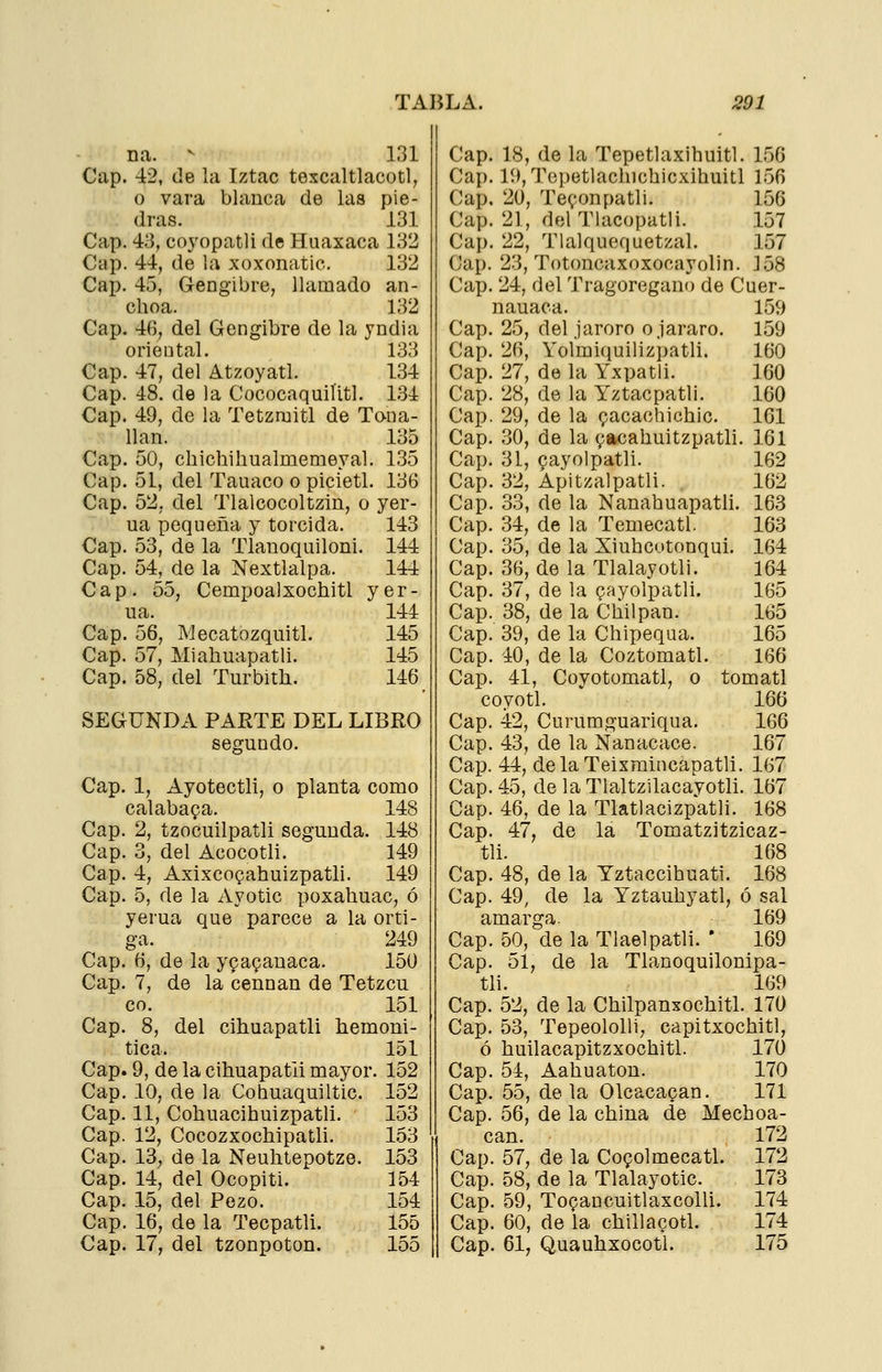 na. - 131 Cap. 42, de la Iztac texcaltlacotl, o vara blanca de las pie- dras. 131 Cap. 43, coyopatli de Huaxaca 132 Cap. 44, de la xoxonatic. 132 Cap. 45, Gengibre, llamado an- choa. 132 Cap. 46, del Gengibre de la yndia orieatal. 133 Cap. 47, del Atzoyatl. 134 Cap. 48. de la Cococaquiíitl. 134 Cap. 49, de la Tetzraitl de Tona- lian. 135 Cap. 50, chichihualmemeyal. 135 Cap. 51, del Tauaco o picietl. 136 Cap. 52, del Tlalcocoltzin, o yer- na pequeña y torcida. 143 Cap. 53, de la Tlanoquiloni. 144 Cap. 54, de la Nextlalpa. 144 Cap. 55, Cempoalxochitl yer- na. 144 Cap. 56, Mecatozqnitl. 145 Cap. 57, Miahuapatli. 145 Cap. 58, del Turbith. 146 SEGUNDA PARTE DEL LIBRO segundo. Cap. 1, Ayotectli, o planta como calabaza. 148 Cap. 2, tzocuilpatli segunda. 148 Cap. 3, del Acocotli. 149 Cap. 4, Axixcogahuizpatli. 149 Cap. 5, de la Ayotic poxahuac, ó yerua que parece a la orti- ga. 249 Cap. 6, de la y^aganaca. 150 Cap. 7, de la cennan de Tetzcu 00. 151 Cap. 8, del cihuapatli hemoni- tica. 151 Cap. 9, de la cihuapatli mayor. 152 Cap. 10, de la Cobuaquiltic. 152 Cap. 11, Cohuacihuizpatli. 153 Cap. 12, Cocozxochipatli. 153 Cap. 13; de la Neuhtepotze. 153 Cap. 14, del Ocopiti. 154 Cap. 15, del Pezo. 154 Cap. 16, de la Tecpatli. 155 Cap. 17, del tzonpoton. 155 Cap. 18, de la Tepetlaxihuítl. 156 Cap. 19, Tepetlachichicxihuitl 156 Cap, 20, Te(?onpatli. 156 Cap. 21, del Tlacopatli. 157 Cap. 22, Tlalquequetzal. 157 Cap. 23, Totoncaxoxocayolin. 158 Cap. 24, del Tragoregano de Cuer- nauaca. 159 Cap. 25, del jaroro ojararo. 1.59 Cap. 26, Yolmiquilizpatli. 160 Cap. 27, de la Yxpatli. 160 Cap. 28, de la Yztacpatli. 160 Cap. 29, de la ^acachichic. 161 Cap. 30, de la ^acahuitzpatli. 161 Cap. 31, gayolpatli. 162 Cap. 32, Apitzalpatli. 162 Cap. 33, de la Nanahuapatli. 163 Cap. 34, de la Temecatl. 163 Cap. 35, de la Xiuhcotonqui. 164 Cap. 36, de la Tlalayotli. 164 Cap. 37, de la Qayolpatli. 165 Cap. 38, de la Cliilpan. 165 Cap. 39, de la Chipequa. 165 Cap. 40, de la Coztomatl. 166 Cap. 41, Coyotomatl, o tomatl coyotl. 166 Cap. 42, Curumguariqua. 166 Cap. 43, de la Nanacace. 167 Cap. 44, delaTelxmincapatli. 167 Cap. 45, de laTlaltzilacayotli. 167 Cap. 46, de la Tlatlacizpatli. 168 Cap. 47, de la Tomatzitzicaz- tli. 168 Cap. 48, de la Yztaccihuati. 168 Cap. 49, de la Yztauhyatl, ó sal amarga. 169 Cap. 50, de la Tlaelpatli. ' 169 Cap. 51, de la Tlanoquilonipa- tli. 169 Cap. 52, de la Chilpansochitl. 170 Cap. 53, Tepeololli; capitxochitl, ó huilacapitzxochitl. 170 Cap. 54, Aahuaton. 170 Cap. 55, de la Olcacapan. 171 Cap. 56, de la china de Mechoa- can. 172 Cap. 57, de la CoQolmecatl. 172 Cap. 58, de la Tlalayotic. 173 Cap. 59, To^aucuitlaxcolli. 174 Cap. 60, de la chillagotl. 174 Cap. 61, Quauhxocotl. 175