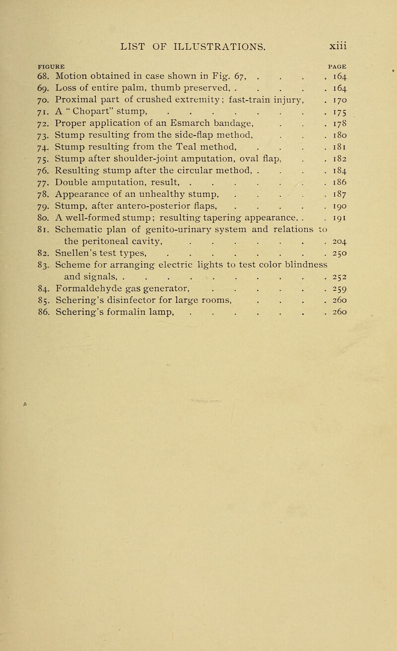 FIGURE PAGE 68. Motion obtained in case shown in Fig. 67, . . . .164 69. Loss of entire palm, thumb preserved, . . . . .164 70. Proximal part of crushed extremity; fast-train injury, . 170 71. A  Chopart stump, . . . . . . . .175 72. Proper application of an Esmarch bandage, . . .178 73. Stump resulting from the side-flap method, . . .180 74. Stump resulting from the Teal method, . . . .181 75. Stump after shoulder-joint amputation, oval flap, . . 182 76. Resulting stump after the circular method, . . . .184 77. Double amputation, result, . . . . . . .186 78. Appearance of an unhealthy stump, . . . . .187 79. Stump, after antero-posterior flaps, . . . . .190 80. A well-formed stump; resulting tapering appearance, . . 191 81. Schematic plan of genito-urinary system and relations to the peritoneal cavity, ....... 204 82. Snellen's test types, ........ 250 83. Scheme for arranging electric lights to test color blindness and signals, . . . . . . . . . .252 84. Formaldehyde gas generator, ...... 259 85. Schering's disinfector for large rooms, .... 260 86. Schering's formalin lamp, ....... 260