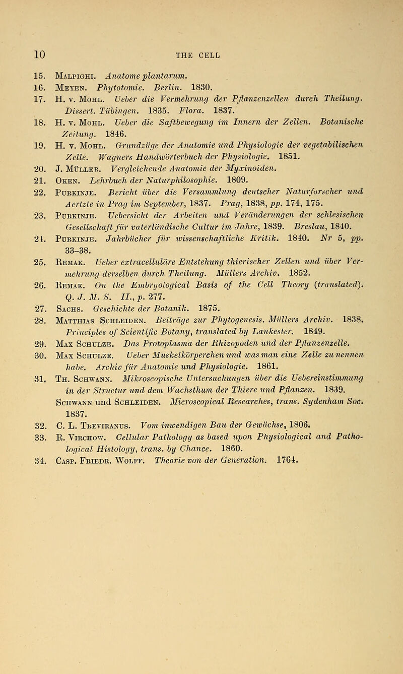 15. Malpighi. Anatome plantarum. 16. Meyen. Phytotomie. Berlin. 1830. 17. H. V. MoHL. Veber die Vermehrung der Pjlanzenzellen durch Theilung. Dissert. Tiihingen. 1835. Flora. 1837. 18. H. V. MoHL. Ueber die Safthewegung ini Innern der Zellen. Botanische Zeitung. 1846. 19. H. V. MoHL. Grundziige der Anatomie und Physiologic der vegetabilischen Zelle. Wagners Handivdrterbucli der Physiologie. 1851. 20. J. MtJLLEB. Vergleichende Anatomie der Myxinoiden. 21. Oken. Lehrbuch der Naturpliilosophie. 1809. 22. PuRKiNJE. Bericht iiber die Versammlung deiitscher Naturforscher und Aertzte in Prag ini September, 1837. Prag, 1838, pp. 174, 175. 23. Pdekinje. Vebersicht der Arbeiten und Veranderungen der schlesischen Gesellschaft fiir vaterldndische Cultur im Jahre, 1839. Breslau, 1840. 21. PoKKiNjE. Jahrbiicher fiir icissenschaftliche Kritik. 1840. Nr 5, pp. 33-38. 25. Eemak. Ueber extracelluldre Entstehung thierischer Zellen und ilber Ver- mehrung derselben durch Theilung. Miillers Archiv. 1852. 26. Kemak. On the Embryological Basis of the Cell Theory {translated). Q. J. M. S. II., p. 277. 27. Sachs. Geschichte der Botanik. 1875. 28. Matthias Schleiden. Beitrdge zur Phytogenesis. Miillers Archiv. 1838. Principles of Scientific Botany, translated by Lankester. 1849. 29. Max Schulze. Das Protoplasma der Rhizopoden und der Pflanzenzelle. 30. Max Schulze. Ueber Muskelkdrperchen und was man eine Zelle zunennen habe. Archiv fiir Anatomie und Physiologie. 1861. 31. Th. Schwann. Mikroscopische Untersuchungen iiber die Uebereinstimmung in der Structur und dem Wachsthum der Thiere und Pflanzen. 1839. Schwann und Schleiden. Microscopical Researches, trans. Sydenham Soc. 1837. 32. C. L. ThEViRANUS. Vom imvendigen Ban der Geivdchse, 1805. 33. E. ViRCHOw. Cellular Pathology as based iqjon Physiological and Patho- logical Histology, trans, by Chance. 1860. 34. Casp. Friedr. Wolfe. Theorie von der Generation. 1764.