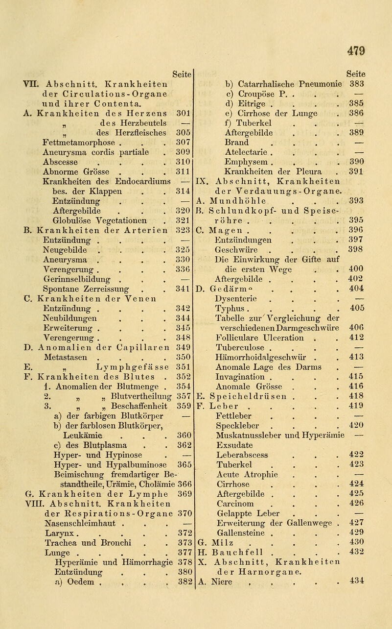 Seite Vn. Abschnitt. Krankheiten der Circulations-Organe und ihrer Contenta, A. Krankheiten des Herzens „ des Herzbeutels „ des Herzfleisches Fettmetamorphose . Aneurysma cordis partiale 301 305 307 309 310 311 Abnorme Grösse . Krankheiten des Endocardiums bes. der Klappen Entzündung Aftergebilde Globulöse Vegetationen B. Krankheiten der Arterien Entzündung . Neugebilde Aneurysma . Verengerung . Gerinnselbildung Spontane Zerreissung C. Krankheiten der V Entzündung . Neubildungen Erweiterung . Verengerung , D. Anomalien der Capillaren Metastasen .... E. „ Lymphgefässe F. Krankheiten des Blutes . 1. Anomalien der Blutmenge . 2. „ „ Blutvertheilung 357 3. „ „ Beschaffenheit 359 a) der farbigen Blutkörper — b) der farblosen Blutkörper, Leukämie . . . 360 c) des Blutplasma Hyper- und Hypinose Hyper- und Hypalbuminose Beimischung fremdartiger Be standtheile, Urämie, Cholämie 366 G. Krankheiten der Lymphe 369 VHL Abschnitt. Krankheiten der Respirations-Organe 370 Nasens chleimhaut Larynx 372 Trachea und Bronchi . .373 Lunge 377 Hyperämie und Hämorrhagie 378 Entzündung . . . 380 a) Oedem . . . .382 314 320 321 323 325 330 336 341 342 344 345 348 349 350 351 352 354 362 365 Seite b) Catarrhalische Pneumonie 383 c) Croupöse P. . . . — d) Eitrige . . . .385 e) Cirrhose der Lunge . 386 f) Tuberkel . . . — Aftergebilde . . .389 Brand .... — Atelectarie .... — Emphysem . . . .390 Krankheiten der Pleura . 391 IX. Abschnitt, Krankheiten der Verdauungs-Organe. A. Mundhöhle . . .393 B. Schlundkopf- und Speise- röhre 395 C. Magen 396 Entzündungen . . .397 Geschwüi-e .... 398 Die Einwirkung der Gifte auf die ersten Wege . . 400 Aftergebilde . . . .402 D. Gedärm«^ .... 404 Dysenterie .... — Typhus 405 Tabelle ziu-'Vergleichung der verschiedenen Darmgeschwüre 406 Folliculare Ulceration . .412 Tuberculose .... — Hämorrhoidalgeschwür . .413 Anomale Lage des Darms . — Invagination . . . .415 Anomale Grösse . . .416 E. Speicheldrüsen . . .418 F. Leber 419 Fettleber .... — Speckleber . . . .420 Muskatnussleber und Hyperämie — Exsudate Leberabscess . . .422 Tuberkel . . . .423 Acute Atrophie ... — Cirrhose . . . .424 Aftergebilde .... 425 Carcinom .... 426 Gelappte Leber ... — Erweiterung der Gallenwege . 427 Gallensteine . . . .429 G. Milz 430 H. Bauchfell . . . .432 X. Abschnitt, Krankheiten der Harnorgane. A. Niere , , . . • 434