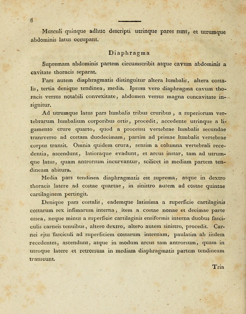 Musculi quinque adliuc descripti utrinque pares sunt, et utrumque abdominis latus occupant. Diaphfagma Supremam abdominis partem circumscribit atque cayum. abdominis a cavitate thoracis separat. Fars autem diaphragmatis distinguitur altera lumbalis, ahera costa- lis, tertia denique tendinea, media. Ipsum vero diaphragma cavum tho- racis versus notabili convexitate, abdomen versus magna concavitate in- jsignitur. Ad utrumque latus pars lumbalis tribus cruribus , a superiorum ver- tebrarum lumbalium corporibus ortis, procedit, accedente utrinque a li- gamento crnre quarto, quod a processu vertebrae lumbalis secundae transverso ad costam duodecimam, partim ad primae lumbalis vertebrae corpus transit. Omnia quidem crura, sensim a columna vertebrali rece- dentia, ascendunt, latioraque evadunt, et arcus instar, tam ad utrum- que latus, quam antrorsum incurvantur, scilicet in mediam partem ten- dineam abitura. Media pars tendinea diaphragmatis est suprema, atque in dextro thoracis latere ad costae quartae , in sinistro autem ad costae quintae cartilaginem pertingit. Denique pars costalis, eademque latissima a superficie cartilaginis costarum sex infimaruin interna , itein a costae nonae et decimae parte ossea, neque minus a superfieie cartilaginis ensiformis interna duobus fasci- culis carneis tenuibus, altero dextro, altero autem sinistro, procedit. Car- nei ejus fasciculi ad superficiem costarum internam, paulatim ab iisdem recedentes, ascendunt, atque in modum arcus tam antrorsum, quam in utroque latere et retrorsum in mediam diaphragmatis partem tendineam transeunt. Tria