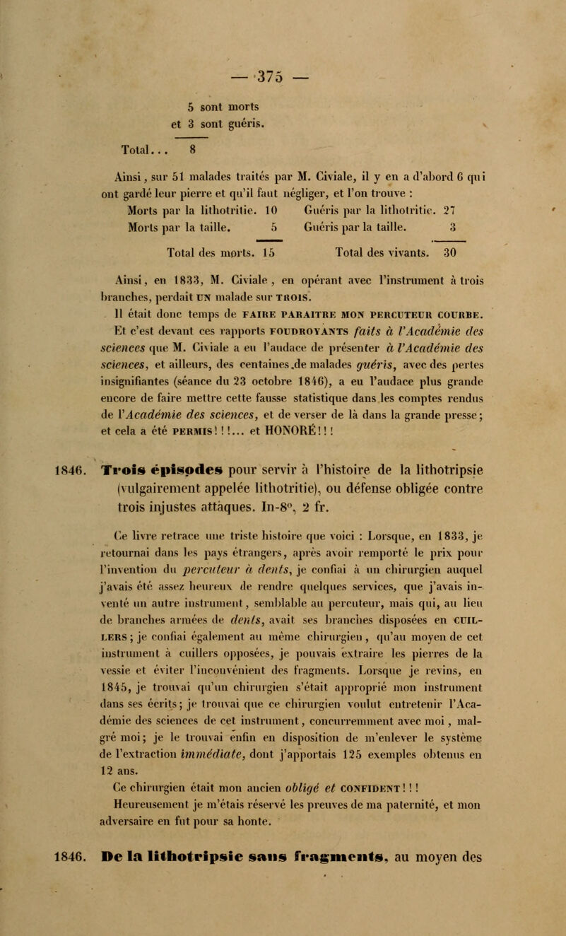 — 37; 5 sont morts et 3 sont guéris. Total... 8 Ainsi, sur 51 malades traités par M. Civiale, il y en a d'abord G qn i ont gardé leur pierre et qu'il faut négliger, et l'on trouve : Morts par la lithotritie. 10 Guéris par la lithotritie. 27 Morts par la taille. 5 Guéris par la taille. 3 Total des morts. 15 Total des vivants. 30 Ainsi, en 1833, M. Civiale, en opérant avec l'instrument à trois branches, perdait UN malade sur trois. 11 était donc temps de FAIRE PARAITRE MOIS PERCUTEUR COURBE. Et c'est devant ces rapports foudroyants faits à l'Académie des sciences que M. Civiale a eu l'audace de présenter à l'Académie des sciences, et ailleurs, des centaines.de malades guéris, avec des pertes insignifiantes (séance du 23 octobre 1846), a eu l'audace plus grande encore de faire mettre cette fausse statistique dans les comptes rendus de Y Académie des sciences, et de verser de là dans la grande presse ; et cela a été permis! ! !... et HONORÉ! ! ! 1846. Trois épisodes pour servir à l'histoire de la lithotripsie (vulgairement appelée lithotritie), ou défense obligée contre trois injustes attaques. In-8°, 2 fr. Ce livre retrace une triste histoire que voici : Lorsque, en 1833, je retournai dans les pays étrangers, après avoir remporté le prix pour l'invention du percuteur à dents, je confiai à un chirurgien auquel j'avais été assez heureux de rendre quelques services, que j'avais in- venté un autre instrument, semblable au percuteur, mais qui, au lieu de branches armées de dents, avait ses branches disposées en cuil- lers ; je confiai également au même chirurgien , qu'au moyen de cet instrument à cuillers opposées, je pouvais extraire les pierres de la vessie et éviter l'inconvénient des fragments. Lorsque je revins, en 1845, je trouvai qu'un chirurgien s'était approprié mon instrument dans ses écrits; je trouvai que ce chirurgien voulut entretenir l'Aca- démie des sciences de cet instrument, concurremment avec moi, mal- gré moi ; je le trouvai enfin en disposition de m'enlever le système de l'extraction immédiate, dont j'apportais 125 exemples obtenus en 12 ans. Ce chirurgien était mon ancien obligé et confident! ! ! Heureusement je m'étais réservé les preuves de ma paternité, et mon adversaire en fut pour sa honte. 1846. De la lithotripsie sans fragments, au moyen des