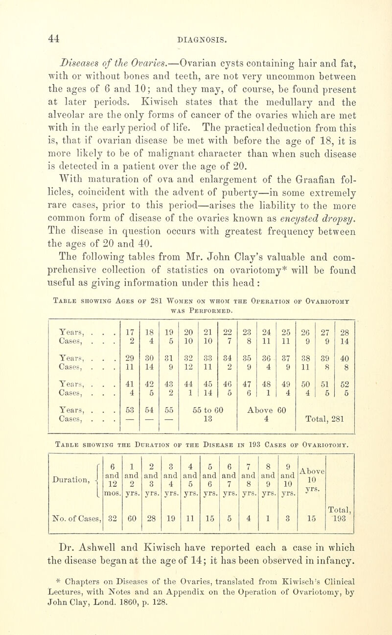 Diseases of the Ovaries.—Ovarian cysts containing hair and fat, with or without bones and teeth, are not very uncommon between the ages of 6 and 10; and they may, of course, be found present at later periods. Kiwisch states that the medullary and the alveolar are the only forms of cancer of the ovaries which are met with in the early period of life. The practical deduction from this is, that if ovarian disease be met with before the age of 18, it is more likely to be of malignant character than when such disease is detected in a patient over the age of 20. With maturation of ova and enlargement of the Graafian fol- licles, coincident with the advent of puberty—in some extremely rare cases, prior to this period—arises the liability to the more common form of disease of the ovaries known as encysted dropsy. The disease in question occurs with greatest frequency between the ages of 20 and 40. The following tables from Mr. John Clay's valuable and com- prehensive collection of statistics on ovariotomy* will be found useful as giving information under this head : Table showing Ages of 281 Women on whom the Operation of Ovariotomy WAS Performed. Tears, . . . 17 18 19 20 21 22 23 24 25 26 27 28 Cases, 2 4 5 10 10 7 8 11 11 9 9 14 Year?, 29 30 31 32 33 34 85 36 37 38 39 40 Cases, 11 14 9 12 11 2 9 4 9 11 8 8 Tears, 41 42 43 44 45 46 47 48 49 50 51 52 Cases, 4 5 2 1 14 5 6 1 4 4 5 5 Tears, 53 54 55 55 to 60 Above 60 Cases, — — — 13 4 Total, 281 Table showing the Duration of the Disease in 193 Cases of Ovariotomy. Duration, -j 6 and 12 1 and 2 2 and 3 3 and 4 4 and 5 5 and 6 6 and 7 7 and 8 8 and 9 9 and 10 Above 10 mos. yrs. yrs. yrs. yrs. yrs. yrs. yrs. yrs. yrs. yrs. Total, No. of Cases, 32 60 28 19 11 15 5 4 1 3 15 193 Dr. Ashwell and Kiwisch have reported each a case in which the disease began at the age of 14; it has been observed in infancy. * Chapters on Diseases of the Ovaries, translated from Kiwisch's Clinical Lectures, with Notes and an Appendix on the Operation of Ovariotomy, by John Clay, Lend. 1860, p. 128.