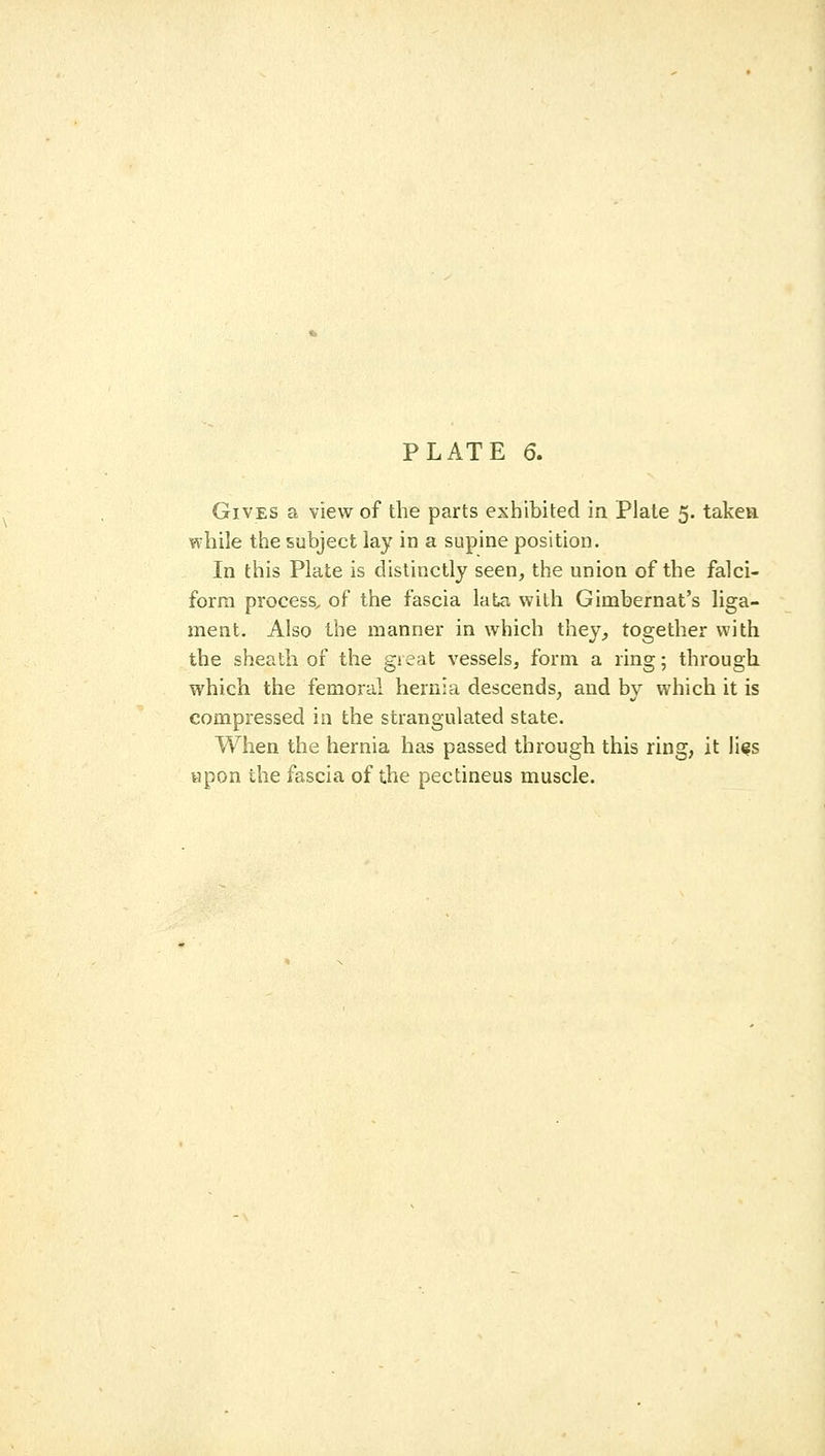 Gives a view of the parts exhibited in Plate 5, taken while the subject lay in a supine position. In this Plate is distinctly seen, the union of the falci- form process, of the fascia lata with Gimbernat's liga- ment. Also the manner in which they, together with the sheath of the gieat vessels, form a ring; through which the femoral hernia descends, and by which it is compressed in the strangulated state. When the hernia has passed through this ring, it li^s tipon the fascia of the pectineus muscle.