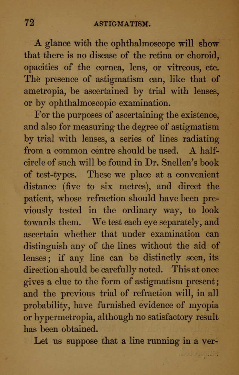 A glance with the ophthalmoscope will show that there is no disease of the retina or choroid, opacities of the cornea, lens, or vitreous, etc. The presence of astigmatism can, like that of ametropia, be ascertained by trial with lenses, or by ophthalmoscopic examination. For the purposes of ascertaining the existence, and also for measuring the degree of astigmatism by trial with lenses, a series of lines radiating from a common centre should be used. A half- circle of such will be found in Dr. Snellen's book of test-types. These we place at a convenient distance (five to six metres), and direct the patient, whose refraction should have been pre- viously tested in the ordinary way, to look towards them. We test each eye separately, and ascertain whether that under examination can distinguish any of the lines without the aid of lenses; if any line can be distinctly seen, its direction should be carefully noted. This at once gives a clue to the form of astigmatism present; and the previous trial of refraction will, in all probability, have furnished evidence of myopia or hypermetropia, although no satisfactory result has been obtained. Let us suppose that a line running in a ver-
