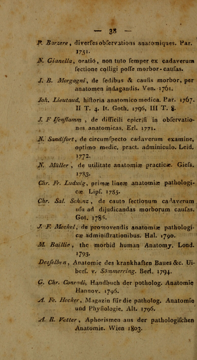 — 3-8 - P. Birzere, diverfesobfervations ana^omiques. Par. ?7Jf. N. Gianella^ oratio, non tuto femper ex cadaverum fectione cqlligi poiTe morbor-caufas. /. B. Morgagni, de fedibus & caufis morbor, per anatomen indagandis. Ven. 1761. Joh. Lieutaud, hiftoria anatomico medica. Par. 1767* II T. 4. [r. Goth. 1796, III T. 8. J. F Ifenflamm , de difficili epicrifi in obfervatia- nes anatomicas. Erl. 1771. jV. Sandifort, de circumTpecto cadaverum examine, optirno mcdic, pract. adminiculo. Leid, 1772. N. Mizller , de utilitate anatomiae practicae. Giefs, J783- CJir. Fr. Ludwig, primae liaeae anatomiae pathologi- cae Lipf. 1785« Chr. SaL Schmz , de cauto fectionum ca Tav6jrum ufu ad dijudicandas morborum caufas. Got. 178^. J F. Meckel, de promovendis anatpmiae pathologi- cae admiaiftrationibus. Hal. 1790. M> Baillie, the morbid human Anatomjr. Lond. »79* Desfelbtn^ Anatomie des krankhaften Baues&c. Ui- berf. v. Sommerring. Berl. 1794. G. Chr. Conradi, Handbuch der potholog. Anatomie Hannov. 1796. A. Fe. Hecker, M^gazin fiirdie pathoTog. Anatomie und Phyfiologie, Alt. 1796. \A. R. V^tter, Aphorismen aus der pathologifchen Anatomie. Wien 1803.