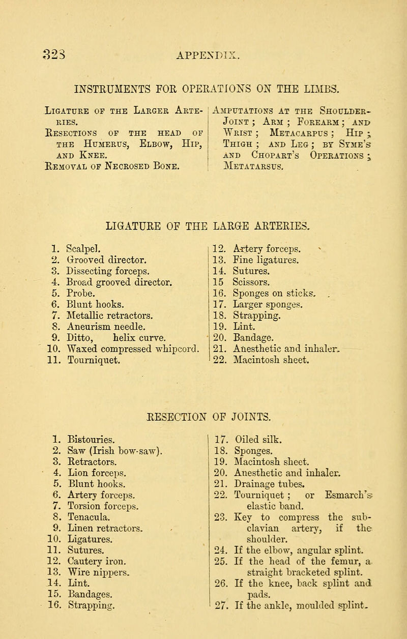 INSTRUMENTS FOR OPERATIONS ON THE LBIB3. Ligature of the Larger Arte- ries. Resections op the head of THE Humerus, Elbow, Hip, and Knee. Removal of Necrosed Bone. Amputations at the Shoulder^ Joint ; Arm ; Forearm ; and Wrist ; Metacarpus ; Hip ; Thigh ; and Leg ; by Syjie's AND Chopart's Operations \, Metatarsus. LIGATURE OF THE LARGE ARTERIES. 1. Scalpel. 12. Artery forceps. 2. Grooved director. 13. Fine ligatures. 3. Dissecting forceps. 14. Sutures. 4. Broad grooved director. 15 Scissors. 5. Probe. 16. Sponges on sticks, , 6. Blunt hooks. 17. Larger sponges. 7. Metallic retractors. 18. Strapping. 8. Aneurism needle. 19. Lint. 9. Ditto, helix curve. 20. Bandage. 10. Waxed compressed whipcord. 21. Atiesthetic and inhaler- 11. Tourniquet. 22. Macintosh sheet. RESECTION OF JOINTS. 1. Bistouries. 17. Oiled silk. 2. Saw (Irish boM^-saw). 18. Sponges. 3. Retractors. 19. Macintosh sheet. 4. Lion forceps. 20. Anesthetic and inhaler. 5. Blunt hooks. 21. Drainage tubes. 6. Artery forceps. 22. Tourniquet ; or Esmarch's 7. Torsion forceps. elastic band. 8. Tenacula. 23. Key to compress the sub- 9. Linen retractors. clavian artery, if the 10. Ligatures. shoulder. 11. Sutures. 24. If the elbow, angular splint. 12. Cautery iron. 25. If the head of the femur, a 13. Wire nippers. straight bracketed splint. 14. Lint. 26. If the knee, back splint and 15. Bandages. pads. 16. Strapping. 27. If the ankle, moulded splint-
