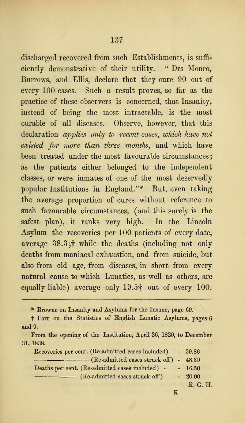 discharged recovered from such Establishments, is suffi- ciently demonstrative of their utility.  Drs Monro, Burrows, and Ellis, declare that they cure 90 out of every 100 cases. Such a result proves, so far as the practice of these observers is concerned, that Insanity, instead of being the most intractable, is the most curable of all diseases. Observe, however, that this declaration applies only to recent cases, which have not existed for more than three months, and which have been treated under the most favourable circumstances; as the patients either belonged to the independent classes, or were inmates of one of the most deservedly popular Institutions in England.* But, even taking the average proportion of cures without reference to such favourable circumstances, (and this surely is the safest plan), it ranks very high. In the Lincoln Asylum the recoveries per 100 patients of every date, average 38.3 ;f while the deaths (including not only deaths from maniacal exhaustion, and from suicide, but also from old age, from diseases, in short from every natural cause to which Lunatics, as well as others, are equally liable) average only 19.5f out of every 100. * Browne on Insanity and Asylums for the Insane, page 69. t Farr on the Statistics of English. Lunatic Asylums, pages 6 and 9. From the opening of the Institution, April 26, 1820, to December 31, 1838. Recoveries per cent. (Re-admitted cases included) - 39.86 (Re-admitted cases struck off) - 48.30 Deaths per cent. (Re-admitted cases included) - - 16.50 (Re-admitted cases struck off) - 20.00 R. G. H. E