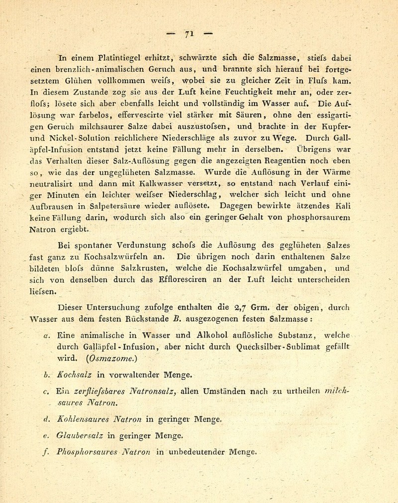In einem Platintiegel erhitzt, schwärzte sich die Salzmasse, stiefs dabei einen brenzlich-animalischen Geruch aus, und brannte sich hierauf bei fortge- setztem Glühen volll^ommen weifs, wobei sie zu gleicher Zelt in Flufs liam. In diesem Zustande zog sie aus der Luft keine Feuchtigkeit mehr an, oder zer- flofs; lösete sich aber ebenfalls leicht und vollständig im Wasser auf. Die Auf- lösung war farbelos, effervescirte viel stärker mit Säuren, ohne den essigarti- gen Geruch milchsaurer Salze dabei auszustofsen, und brachte in der Kupfer- und Nickel-Solution reichlichere Niederschläge als zuvor zu Wege. Durch Gall- äpfel-Infusion entstand jetzt keine Fällung mehr in derselben. Übrigens war das Verhalten dieser Salz-Auflösung gegen die angezeigten Reagentien noch eben so, wie das der ungeglüheten Salzmasse. Wurde die Auflösung in der Wärme neutralisirt und dann mit Kalkwasser versetzt, so entstand nach Verlauf eini- ger Minuten ein leichter weifser Niederschlag, welcher sich leicht und ohne Aufbrausen in Salpetersäure wieder auflösete. Dagegen bewirkte ätzendes Kali keine Fällung darin, wodurch sich also ein geringer Gehalt von phosphorsaurem Natron ergiebt.. c • ' . - Bei spontatier Verdunstung schofs die Auflösung des geglüheten Salzes fast ganz zu Kochsalzwürfeln an. Die übrigen noch darin enthaltenen Salze bildeten blofs dünne Salzkrusten, welche die Kochsalzwürfel umgaben, und sich von denselben durch das Effloresciren an der Luft leicht unterscheiden liefsen. - -. • - - - ,'  _•-■.,---- ,•**, .* Dieser Untersuchung zufolge enthalten die 2,7 Grm. der obigen, durch Wasser aus dem festen Rückstande B. ausgezogenen festen Salzmasse : a. Eine animalische in Wasser und Alkohol auflösliche Substanz, welche durch Galläpfel-Infusion, aber nicht durch Quecksilber-Sublimat gefällt wird. [O^mazome.) - - -,. . ■ _ b. Kochsalz in vorwaltender Menge. /' . ' c. Ein zerßiefsbares Natronsalz, allen Umständen nach zu urtheilen mitck- . saures Natron. : ■ _ • -_- - d. Kohlensaures Natron in geringer Menge. ' e. Glaubersalz in geringer Menge. /. Phosphorsaures Natron in unbedeutender Menge.