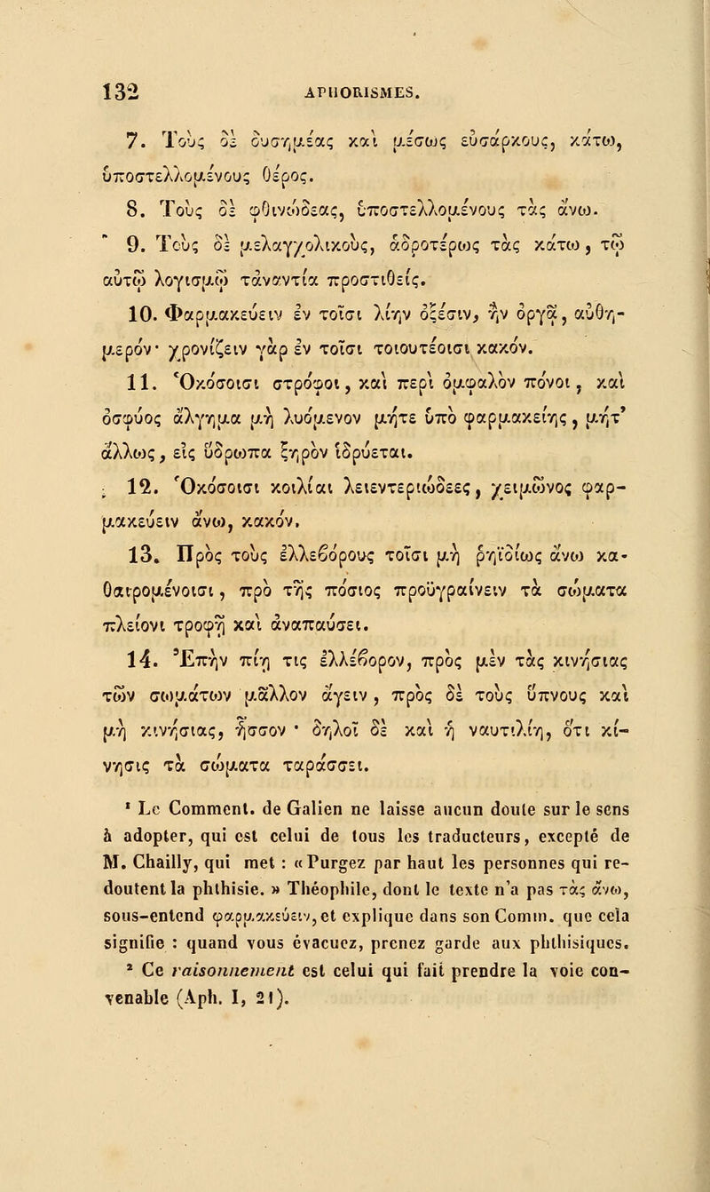 7. Τους oï δυσημεας και μεσως ευσαρκους, κάτω, υποστελλομενους θέρος. 8. Τους δε φΟινώδεας, αποστελλόμενους τας άνω. 9. Τους δε μελαγχολικούς, άδροτε'ρο;>ς τάς κάτω, τω αύτω λογισμω τάναντι'α προστιθείς. 10. Φαρμακεύειν εν τοΐσι λίην δςέσιν, ην όργα, αυθη- μερόν χρονίζειν γαρ εν τοΤσι τοιουτέοισι κακόν. 11. Όκο'σοισι στροφοί, και περί όμφαλον πόνοι, καΐ δσφύος άλγημα μη λυόμενον μήτε υπο φαρμακείης , μητ' άλλως, εις υδρο^πα ξηρον ιδρύεται. ; 12. Όκο'σοισι κοιλίαι λειεντεριώδεες, χειμωνος φαρ- μακεύειν άνο), κακόν, 13. Προς τους ελλεβόρους τοΐσι μη ρηϊούος άνω κα- Οαιρομενοισι, προ της πόσιος προϋγραίνειν τα σοιματα πλείονι τροφή και αναπαύσει. 14. Έπήν πίη τις ελλέβορον, προς μέν τας κινησιας των σωμάτων μάλλον άγειν, προς δε τους ύπνους και μη κινησιας, ήσσον ' δήλοι δε και ή ναυτιλίη, οτι κί- νησις τα σώματα ταράσσει. 1 Le Comment, de Galien ne laisse aucun doule sur le sens a adopter, qui est celui de tous les traducteurs, excepté de M. Chailly, qui met : «Purgez par haut les personnes qui re- doutent la phthisie. » Théophile, dont le texte n'a pas τας άνω, sous-entend φαρμακεύειν,βΐ. explique dans sonComm. que cela signifie : quand vous évacuez, prenez garde aux phtliisiqucs. 2 Ce raisonnement est celui qui fait prendre la voie con- venable (Aph. I, 21).