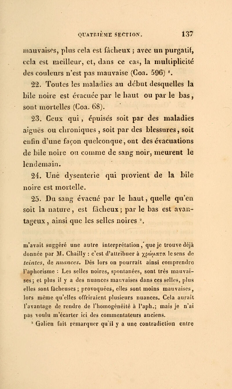 mauvaises, plus cela est fâcheux ; avec un purgatif, cela est meilleur, et, dans ce cas, la multiplicité des couleurs n'est pas mauvaise (Coa. 596) r. 22. Toutes les maladies au début desquelles la bile noire est évacuée par le haut ou par le bas, sont mortelles (Coa. 68). 23. Ceux qui, épuisés soit par des maladies aiguës ou chroniques , soit par des blessures, soit enfin d'une façon quelconque, ont des évacuations de bile noire ou comme de sang noir, meurent le lendemain. 24. Une dysenterie qui provient de la bile noire est mortelle. 25. Du sang évacué par le haut, quelle qu'en soit la nature, est fâcheux; parle bas est avan- tageux , ainsi que les selles noires 2. m'avait suggéré une autre interprétation ,'que je trouve déjà donnée par M. Chailly : c'est d'attribuer à χρώαατα le sens de teintes, de nuances. Dès lors on pourrait ainsi comprendre l'aphorisme : Les selles noires, spontanées, sont très mauvai- ses; et plus il y a des nuances mauvaises dans ces selles, plus elles sont fâcheuses ; provoquées, elles sont moins mauvaises, lors même qu'elles offriraient plusieurs nuances. Cela aurait l'avantage de rendre de l'homogénéité à l'aph,; mais je n'ai pas voulu m'écarler ici des commentateurs anciens. 2 Galien fait remarquer qu'il y a une contradiction entre